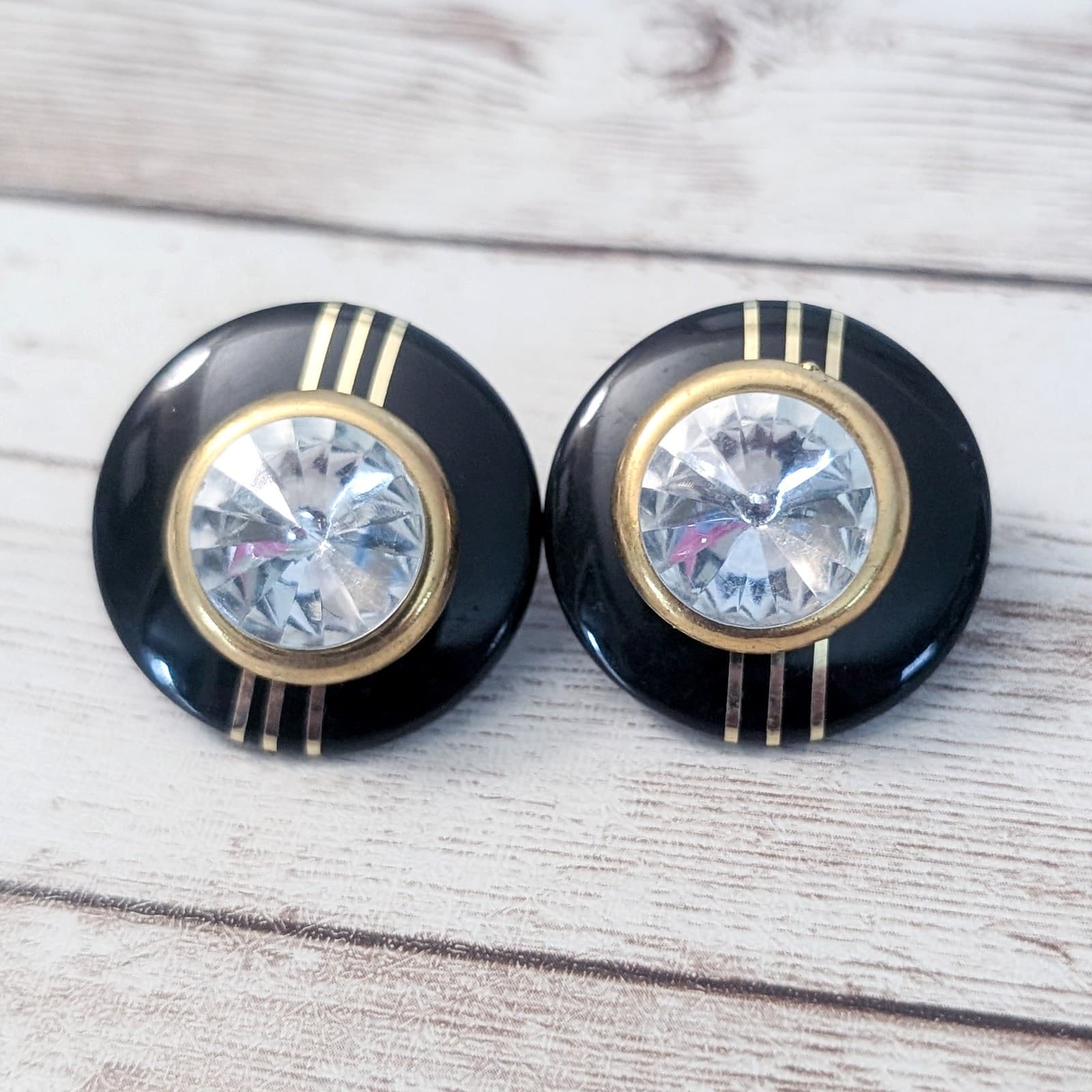 Vintage Stud Earrings Large Retro Stud Earrings Black, Gold Tone, Clear Gem