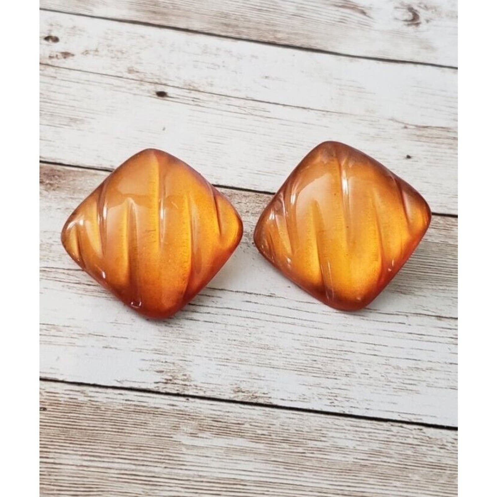 Vintage Clip On Earrings - Large Statement Orange Tone Diamond Shape