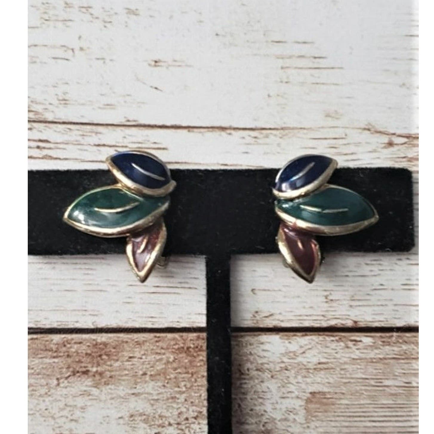 Vintage Clip On Earrings Blue, Green, Dark Red Leaf Trio