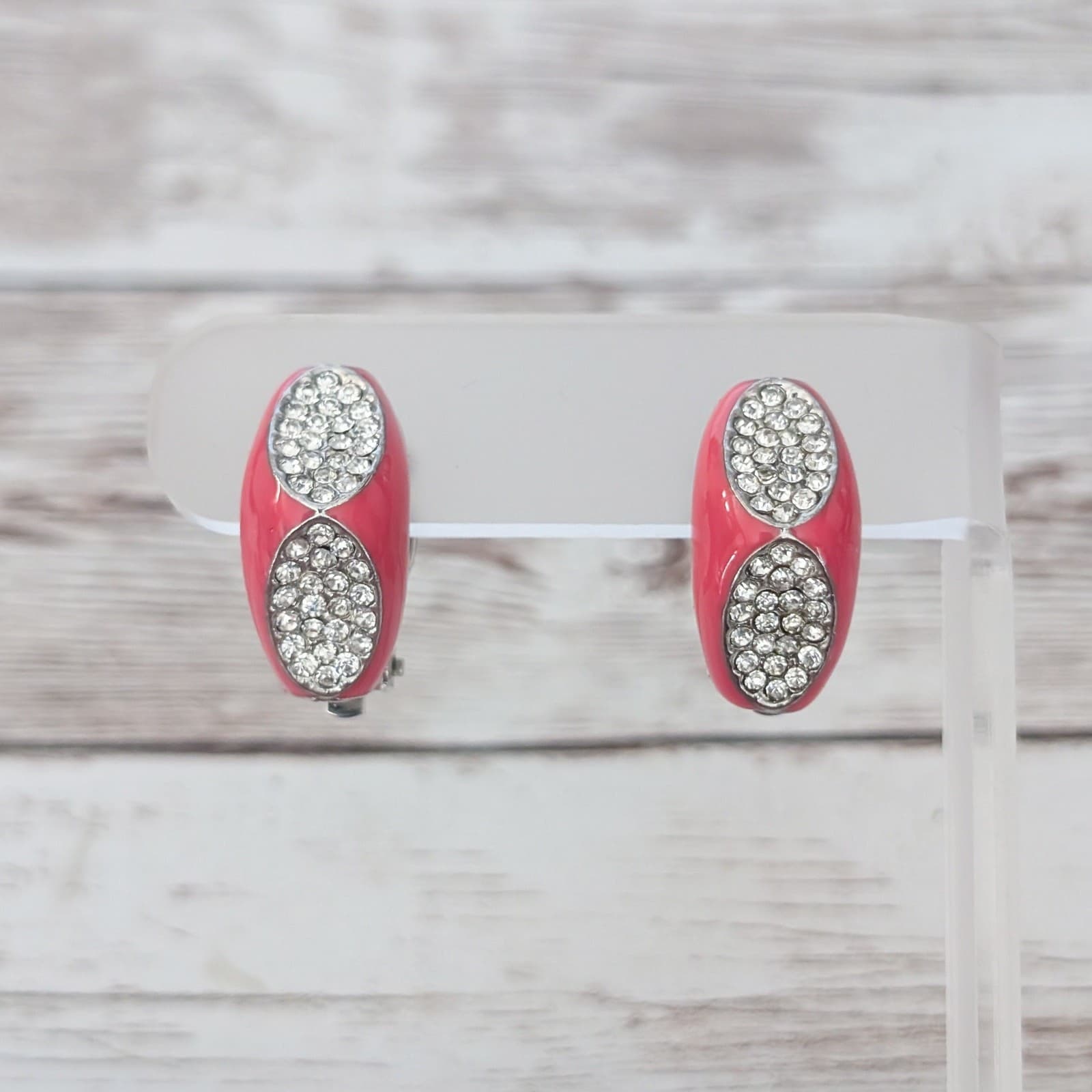 Vintage Clip On Earrings Muted Pinky Red & Clear Gem Unusual Statement Retro