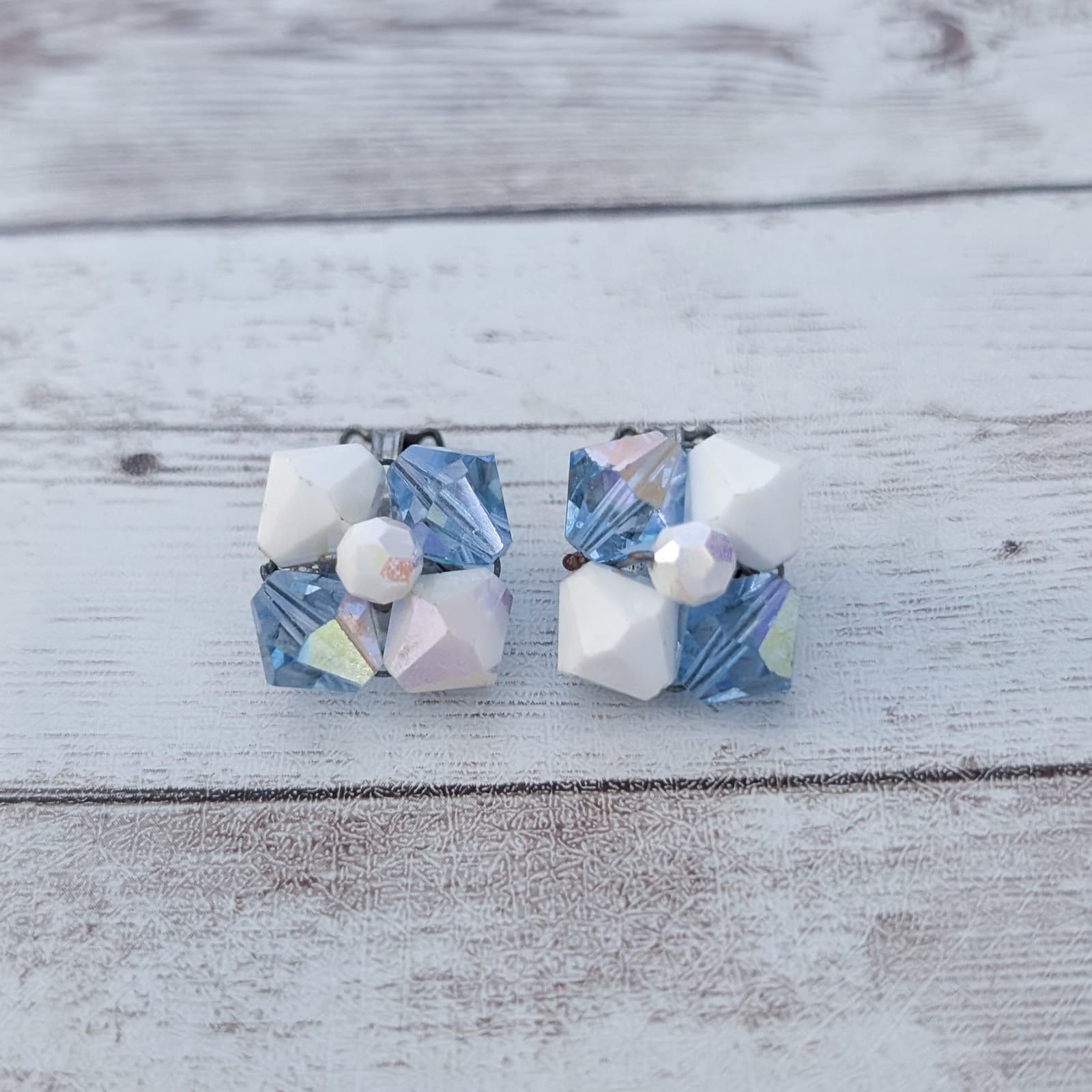 Vintage Clip On Earrings Blue, White, Iridescent
