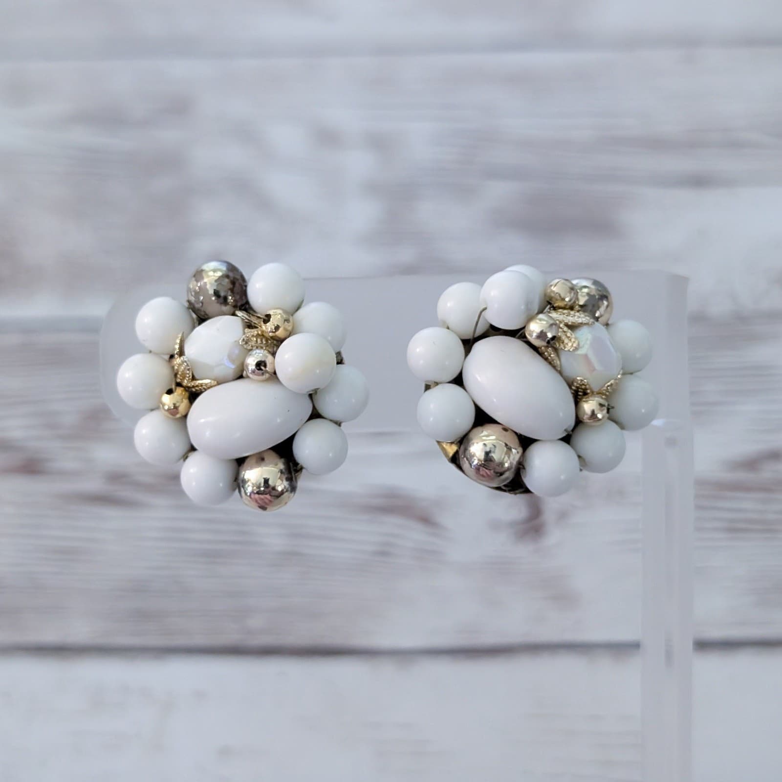 Vintage Clip On Earrings White & Gold Tone Cluster Stamped Japan