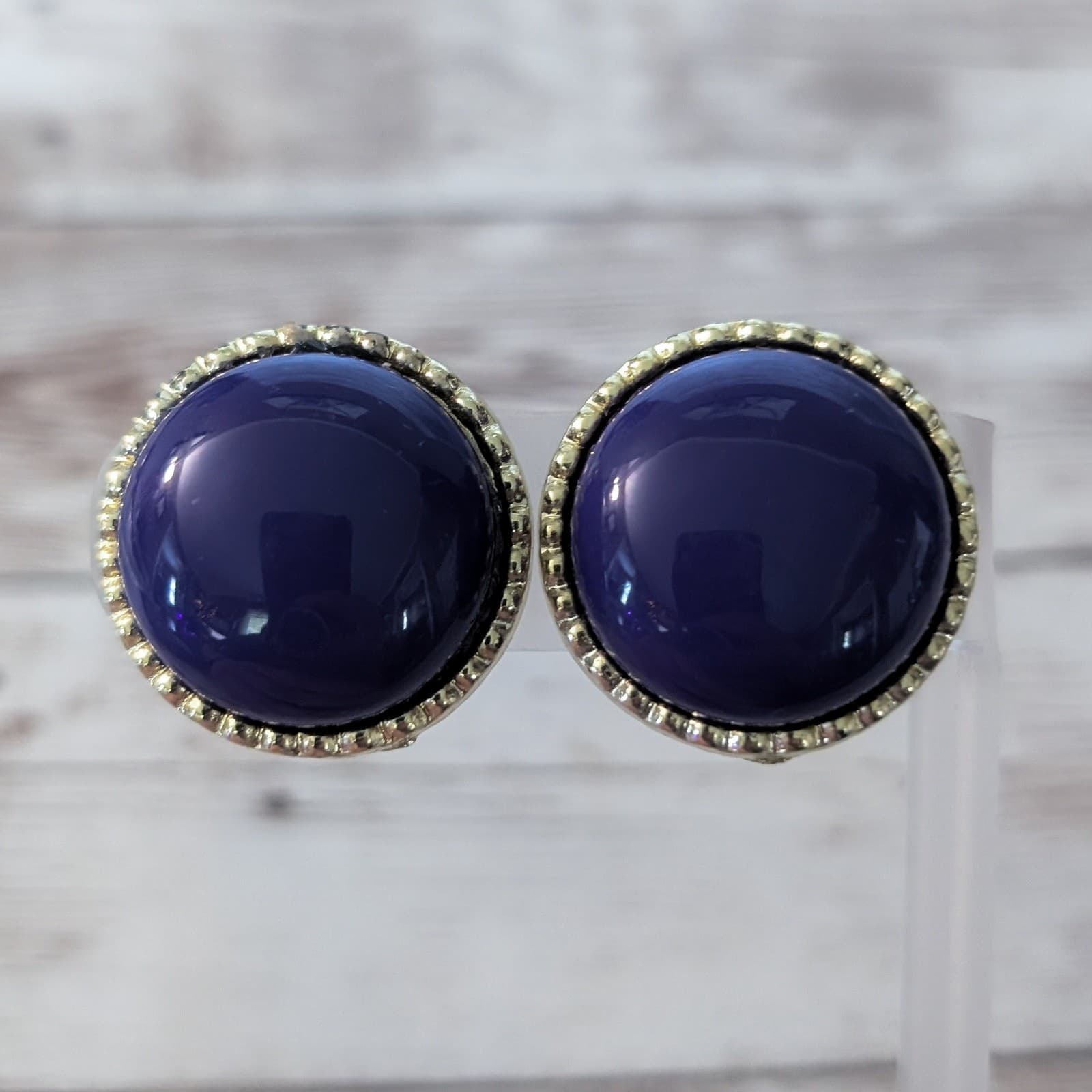 Vintage Clip On Earrings Large Domed Dark Purple with Gold Tone Halo