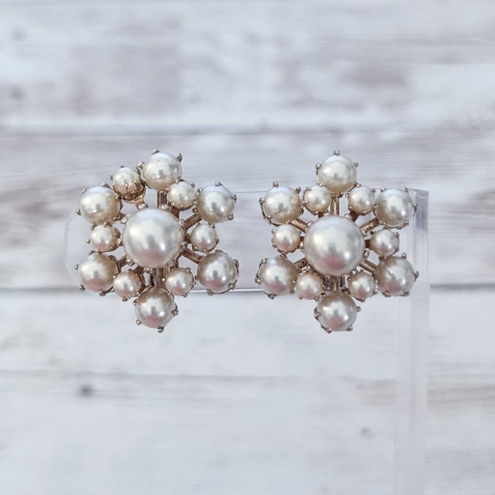 Vintage Clip On Earrings Stunning Faux Pearl Snowflake Statement 1"