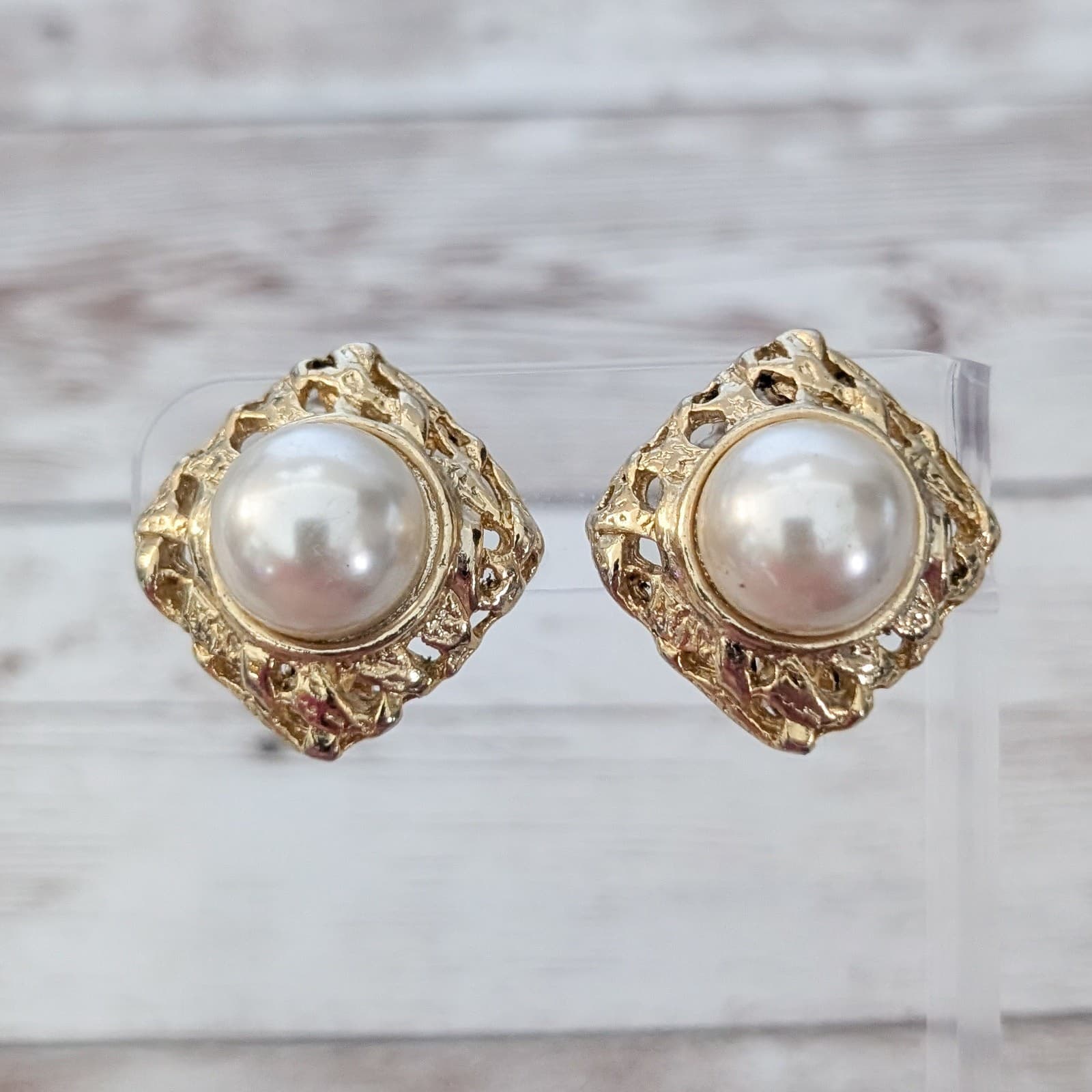Vintage Clip On Earrings Faux Pearl with Ornate Diamond Shape Halo Statement
