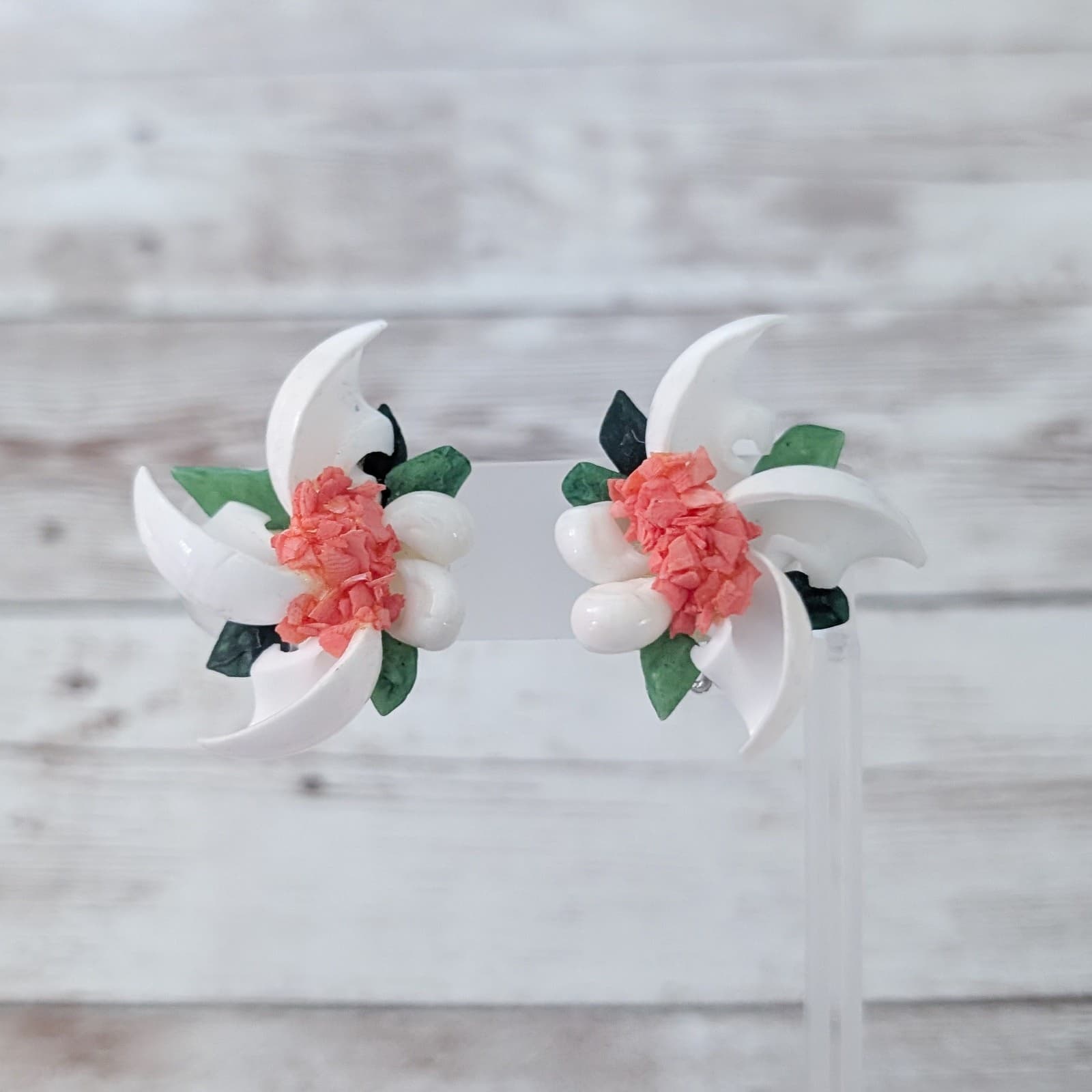 Vintage Clip On Earrings 1.5" Unusual Statement White, Green, Coral Tone