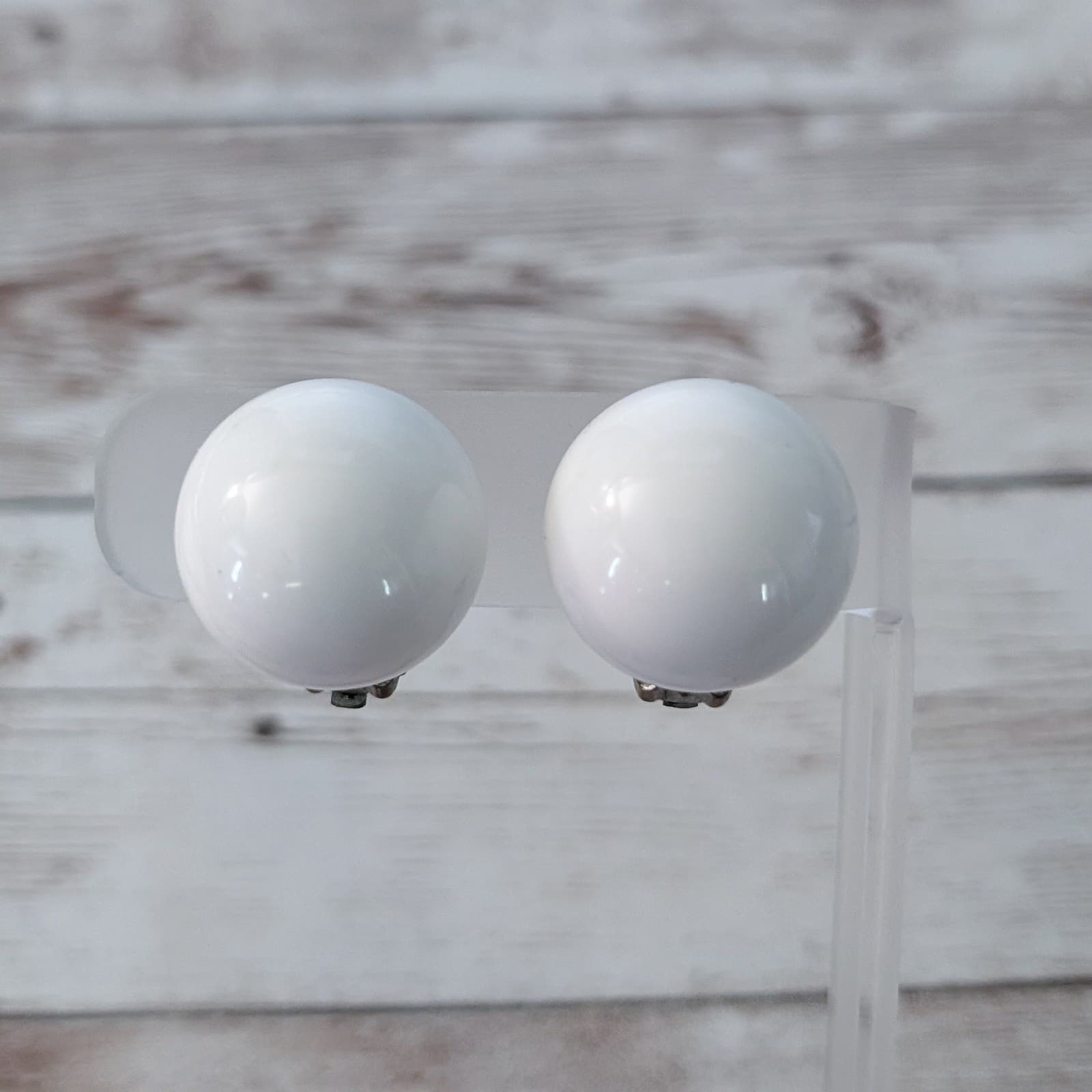 Vintage Clip On Earrings Domed White Retro - A Bit Over 7/8"
