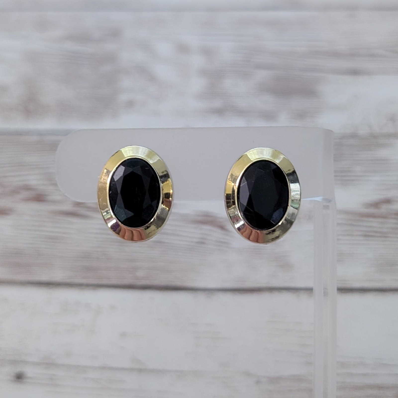Vintage Clip On Earrings Black & Gold Tone Oval Statement Elegant Regal