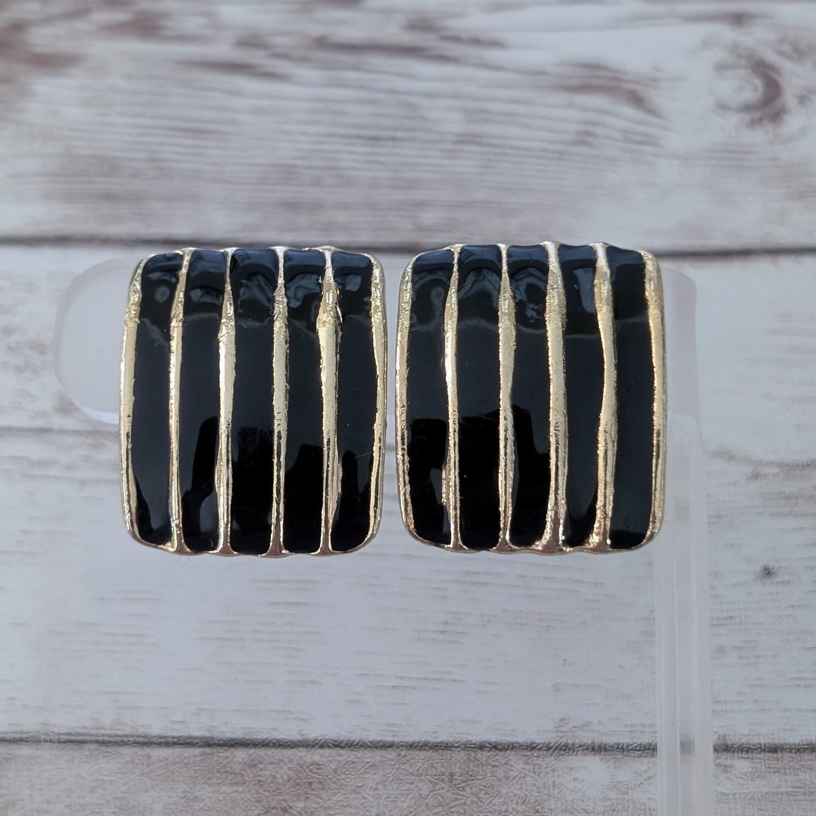 Vintage Clip On Earrings Large Black & Gold Tone Striped Retro Statement