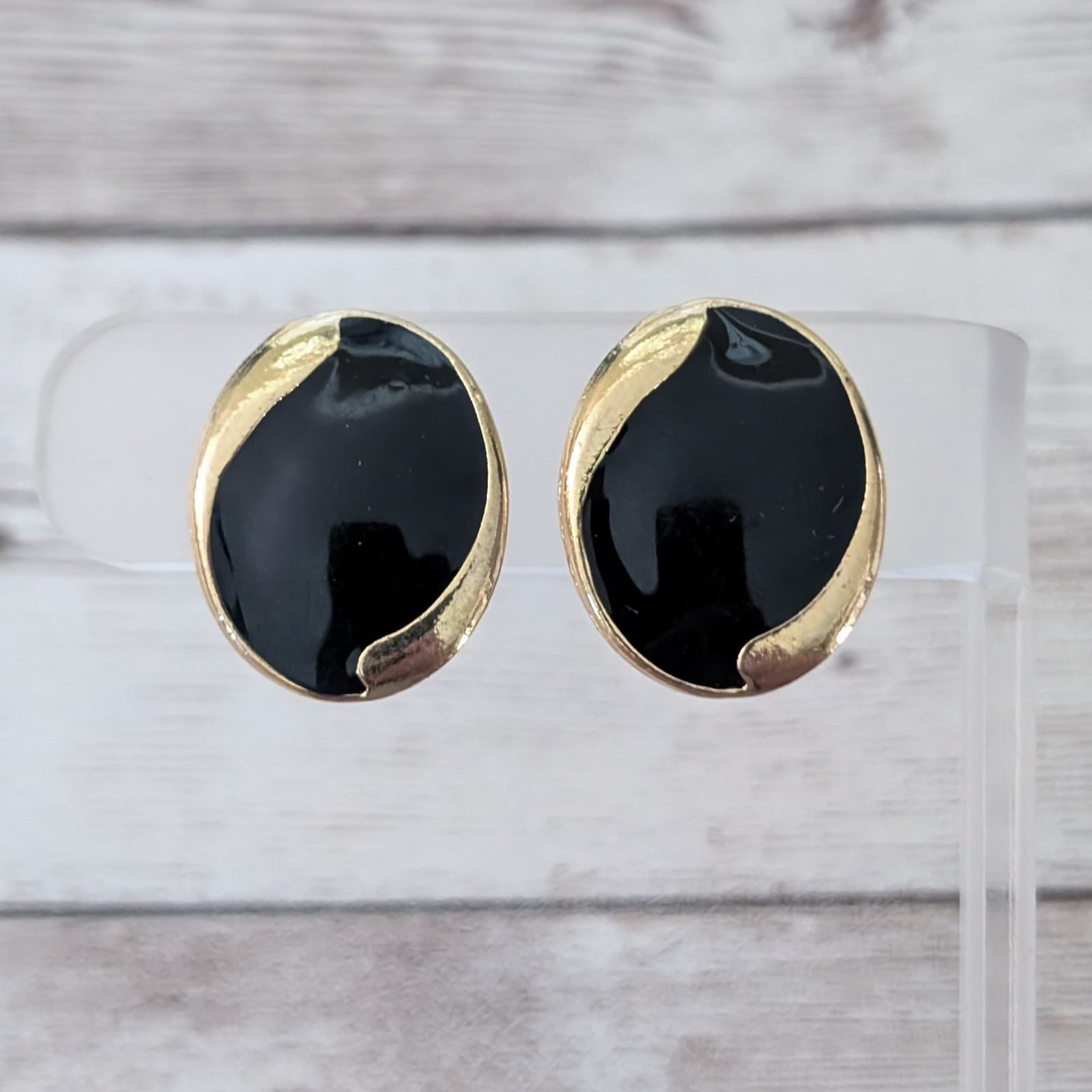 Vintage Clip On Earrings Black & Gold Tone Oval Statement