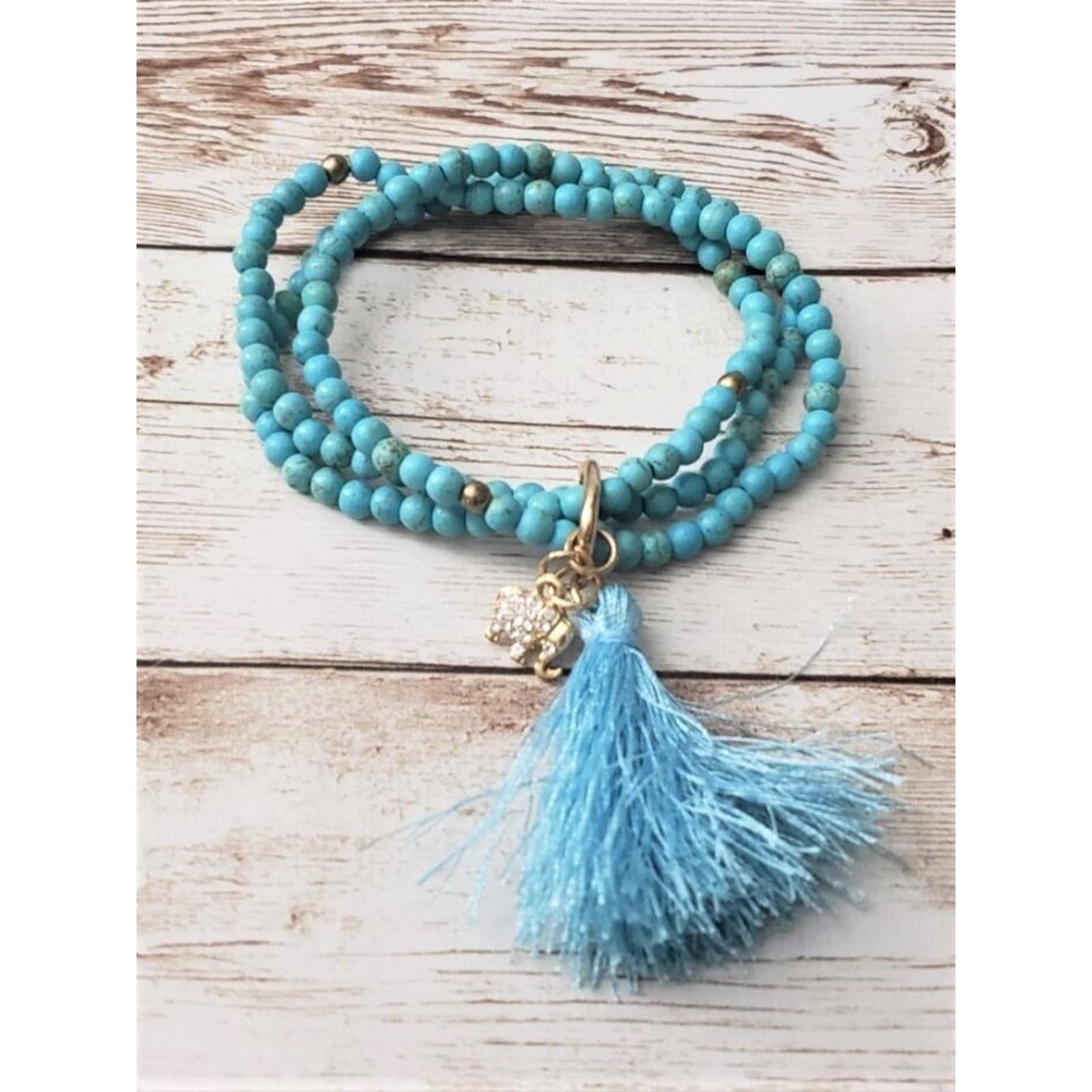 Vintage Bracelet / Bangle Stretchy Turquoise Tone with Tassel & Elephant