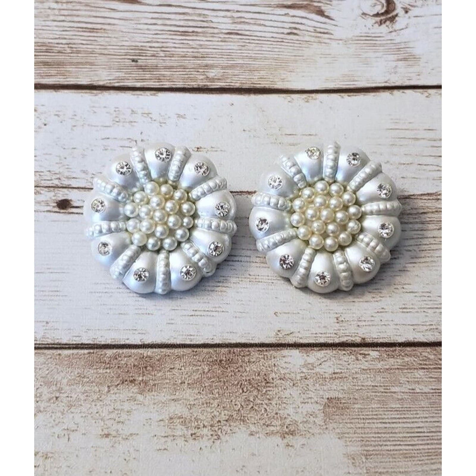 Vintage Clip On Earrings Silver Tone, Faux Pearls, Clear Gems 1.25"