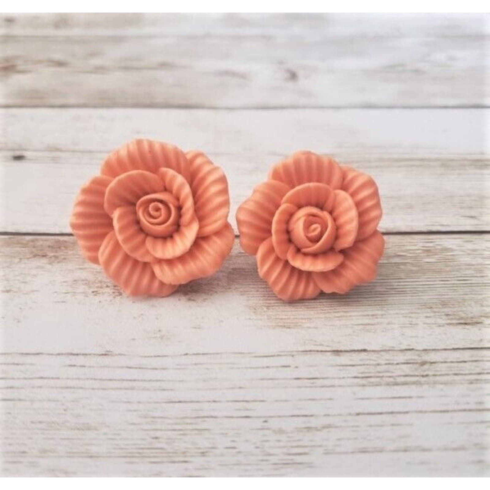 Vintage Clip On Earrings - Large Ceramic 3D Peach Pink Flower