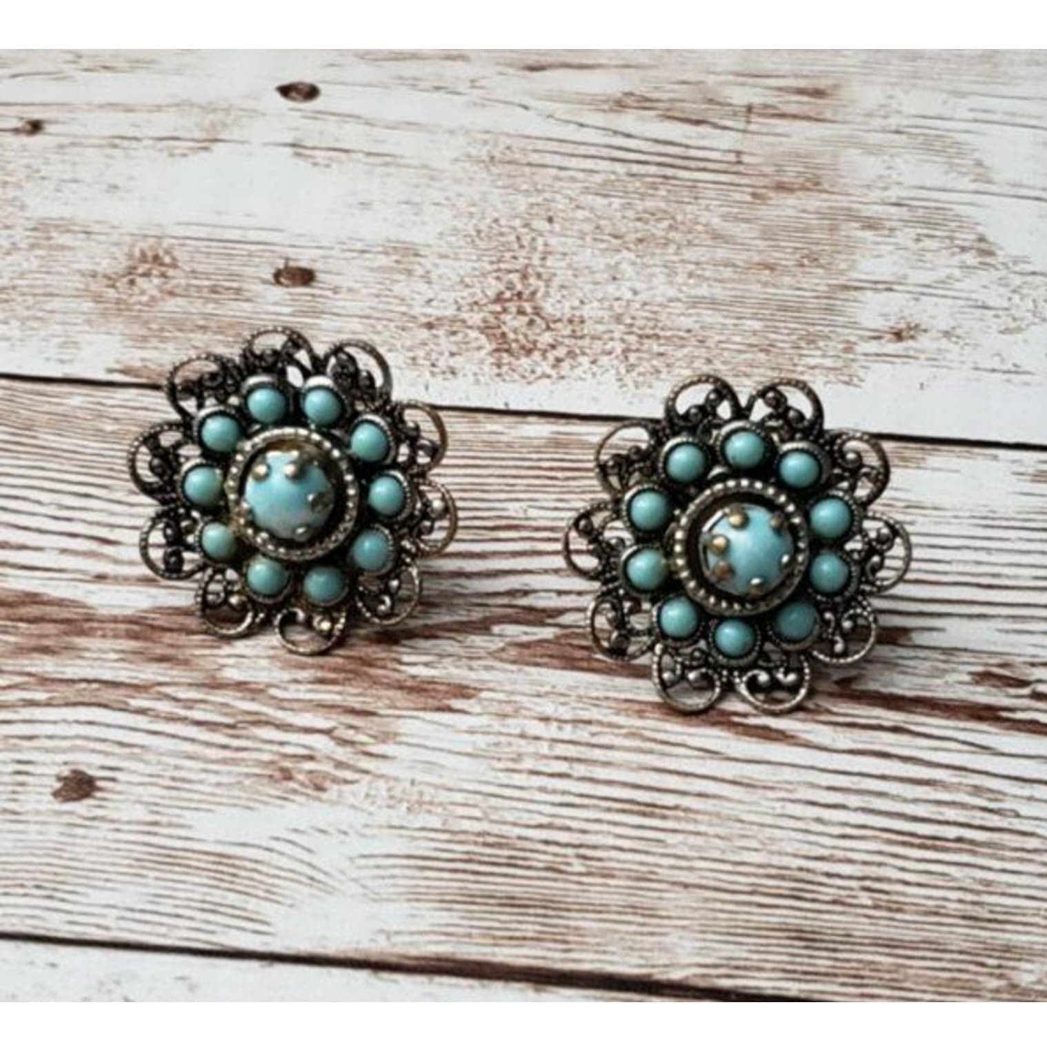 Vintage Screw On Earrings - Turquoise Statement Flower 1"