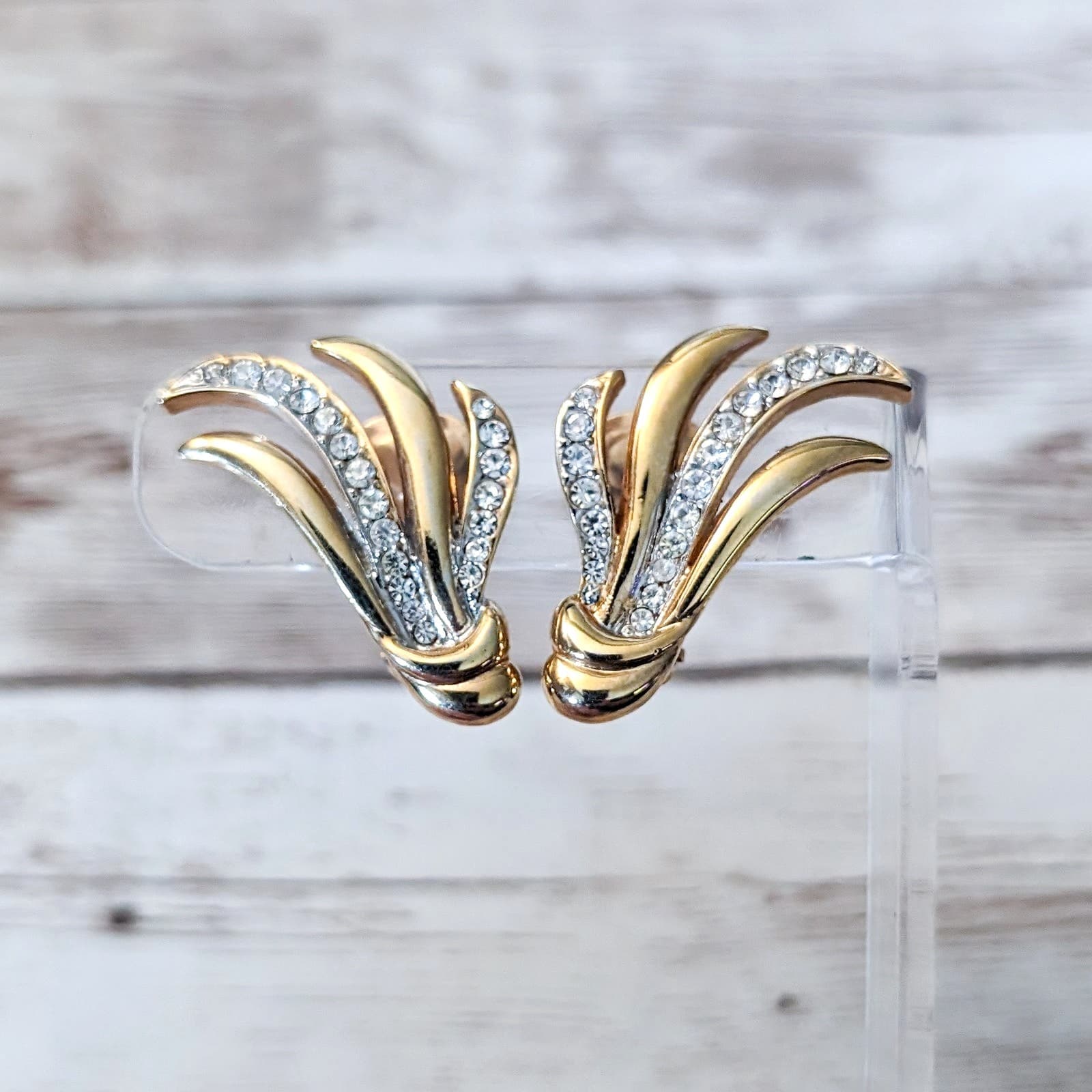 Vintage Clip On Earrings - Large Statement Gold Tone & Clear Gem Swish