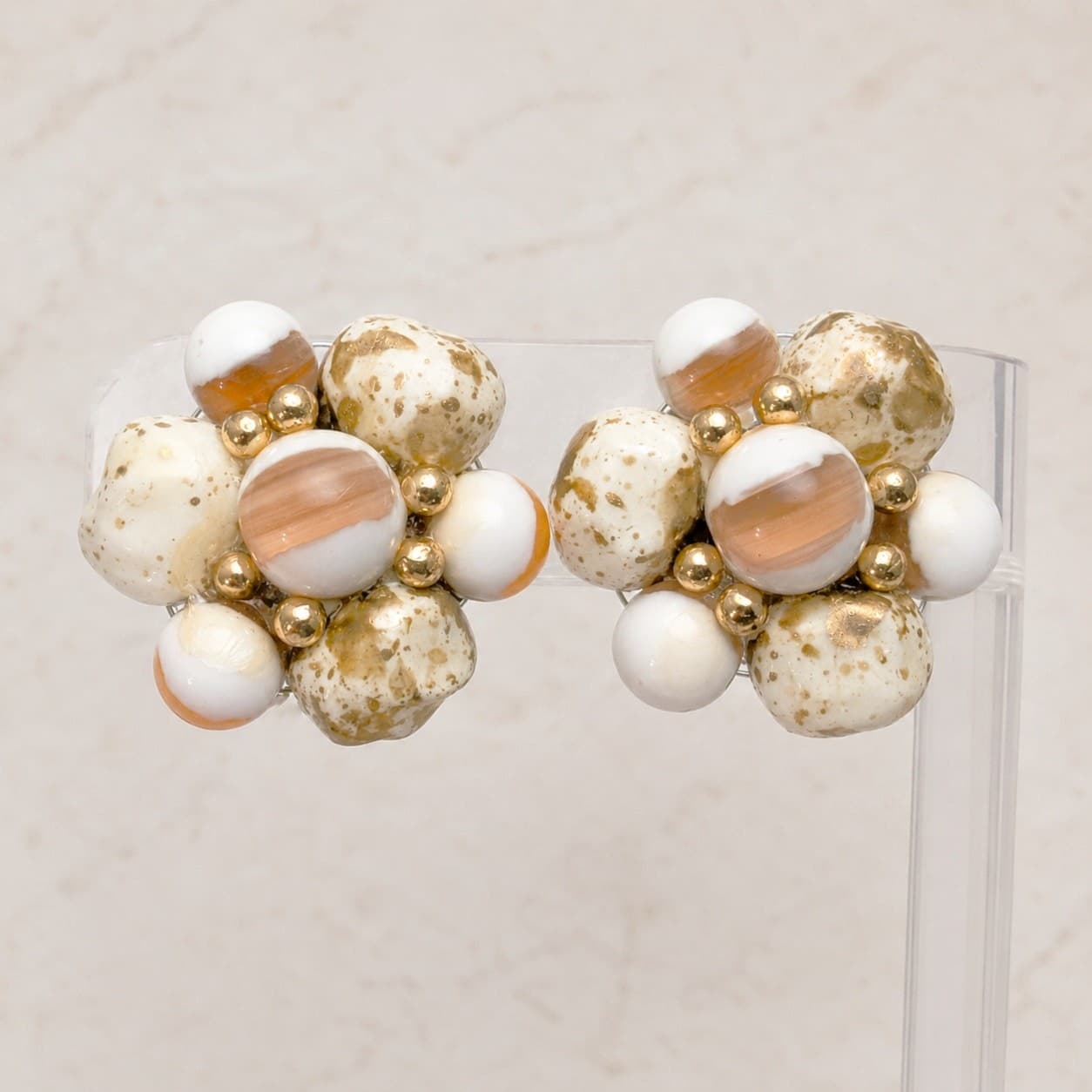 Vintage Clip On Earrings Stunning Large Flower White, Orange, Antique Gold Tone