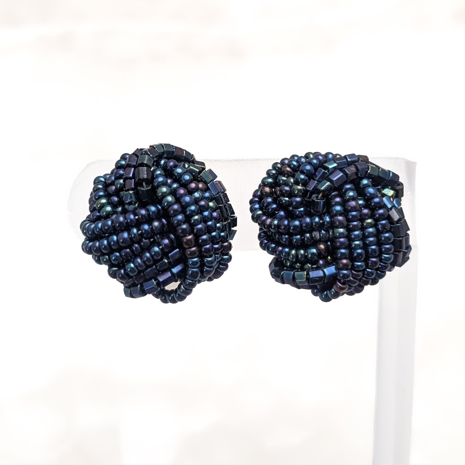 Vintage Clip On Earrings Blue & Multi Color Dark Tones Beaded Twist Stylish