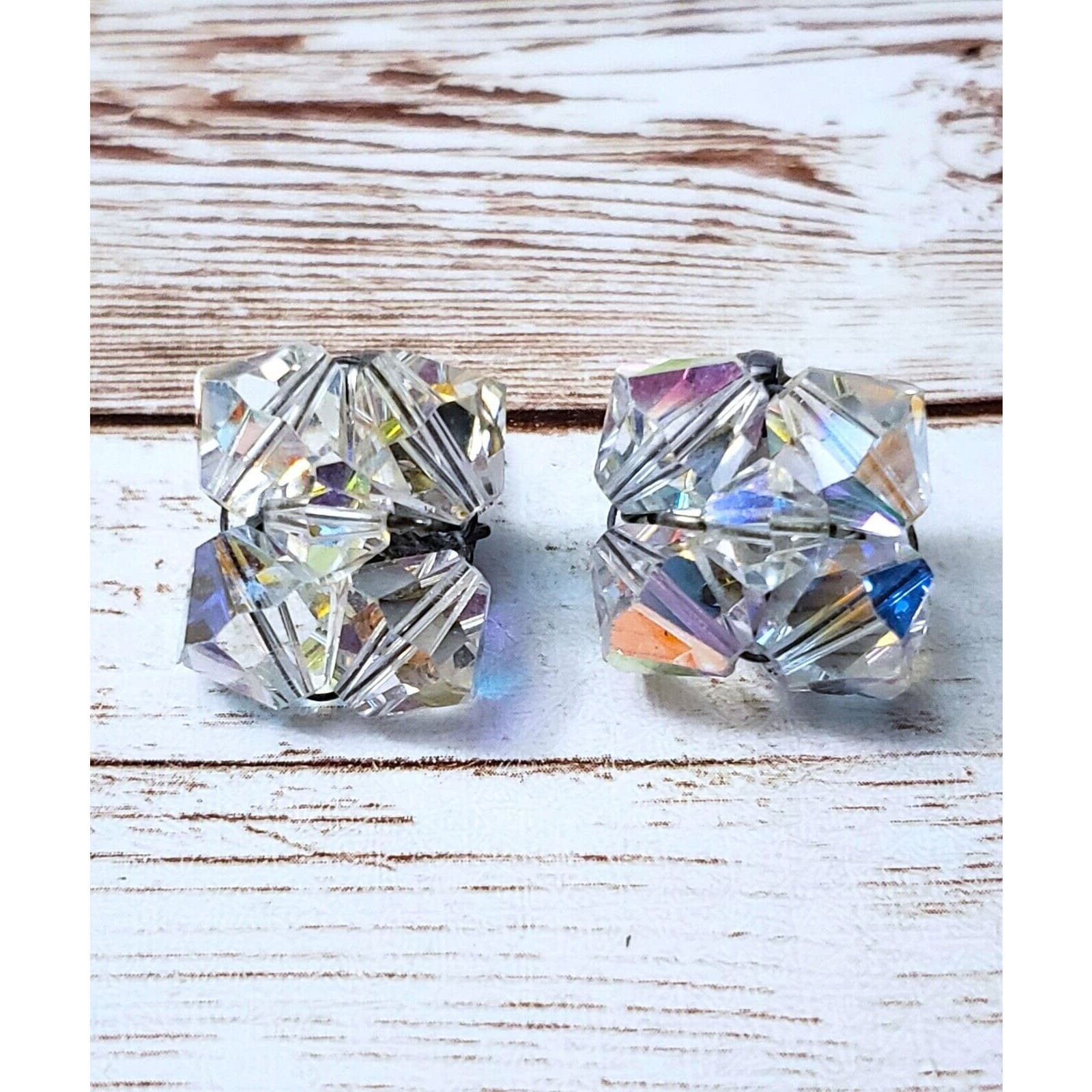 Vintage Clip On Earrings - Square Shape Clear & Iridescent Cluster
