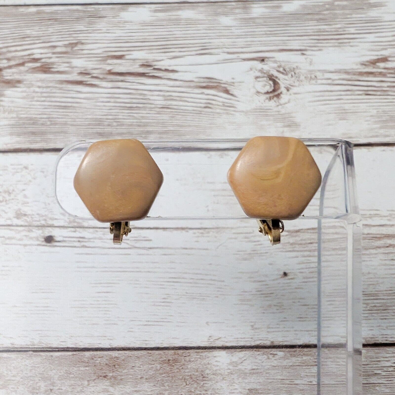 Vintage Clip On Earrings - Tan Hexagon Shape 5/8"
