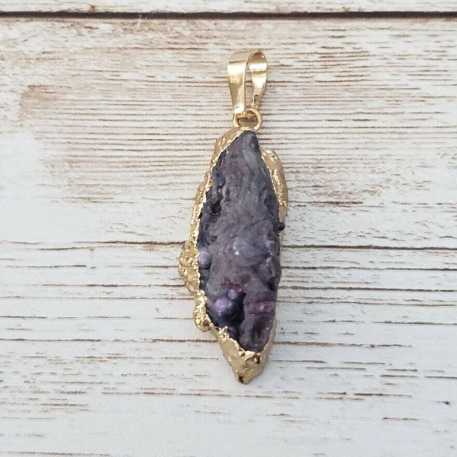 Rough Cut Dark Purple Stone & Gold Tone Pendant