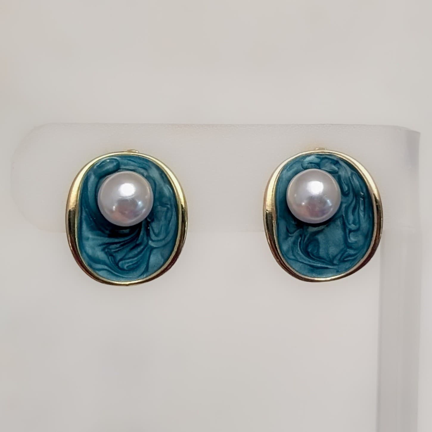 Vintage Clip On Earrings Stunning Stylish Gold Tone, Blue Enamel and Faux Pearl