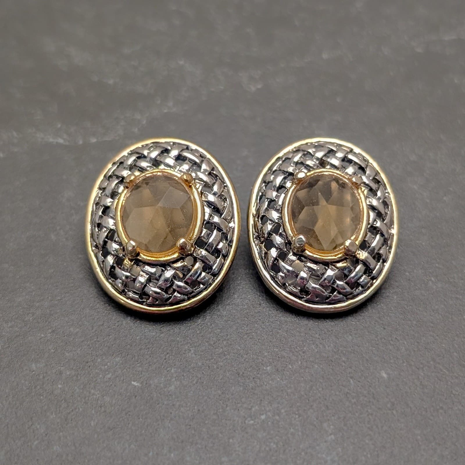 Vintage Clip On Earrings Large Statement Silver Tone, Gold Tone and Peachish Gem