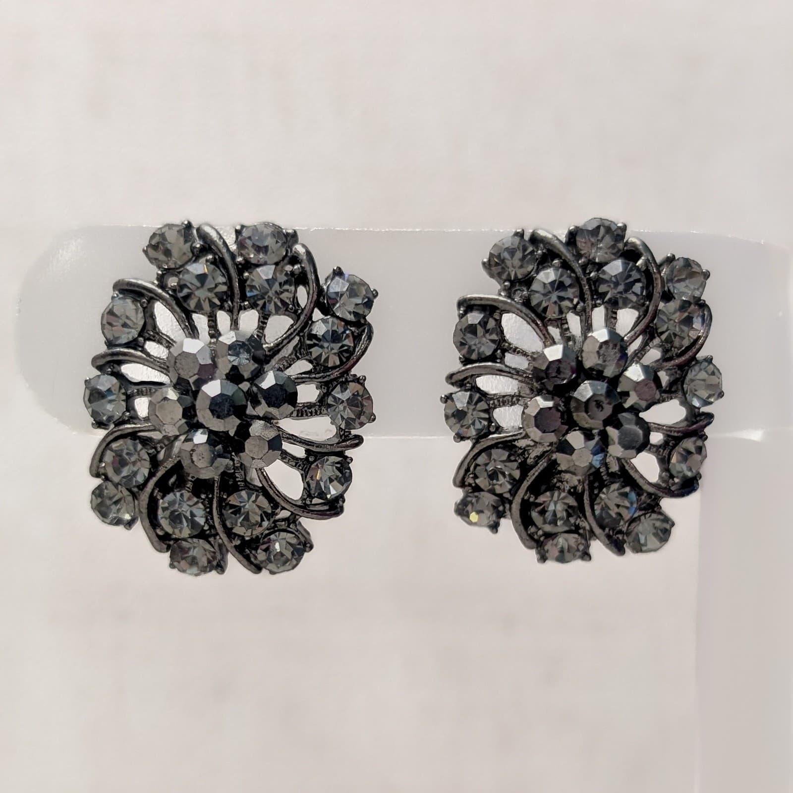 Vintage Clip On Earrings Stunning Dark Metal and Dark Gems Large Statement