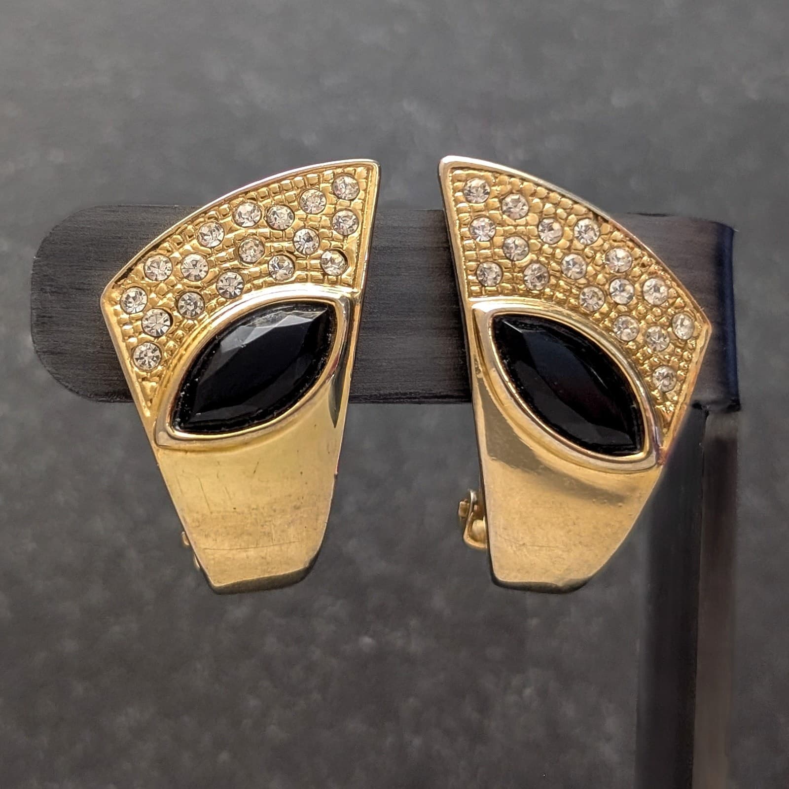 Vintage Clip On Earrings Chunky Extra Large Gold Tone, Black & Clear Gems