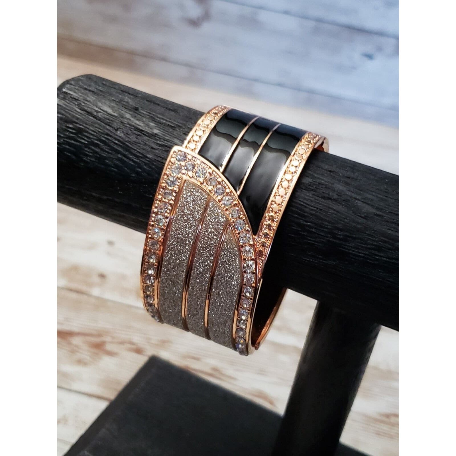 Vintage Hinged Bracelet / Bangle - Copper Tone, Black, Silver Tone, Clear Gems