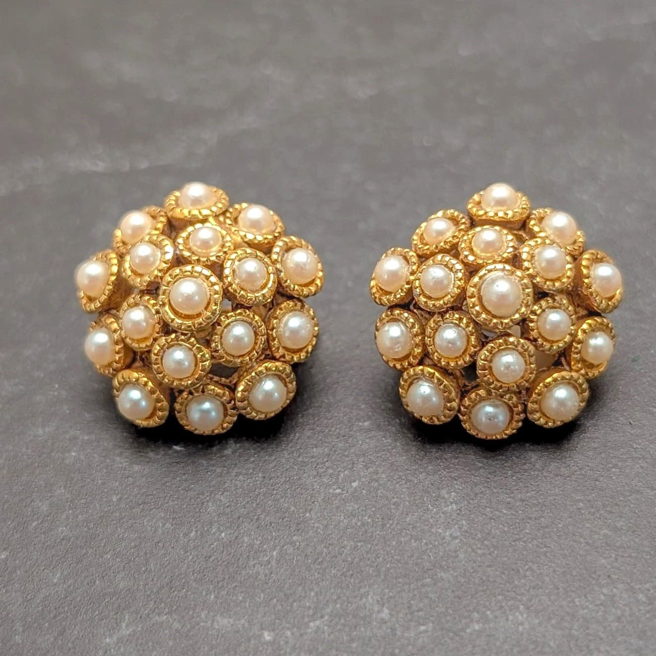 Vintage Clip On Earrings Regal Chunky Gold Tone & Faux Pearl Very Elegant Large