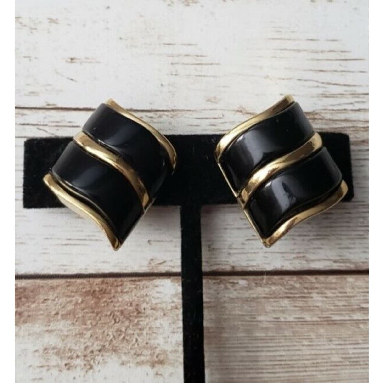 Vintage Clip On Earrings - Large Stylish Black & Gold Tone Statement 1.25"