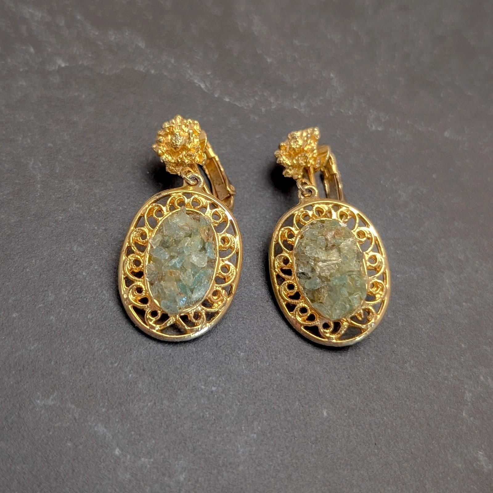 Vintage Clip On Earrings Gold Tone with Light Green Center Statement Dangle Drop