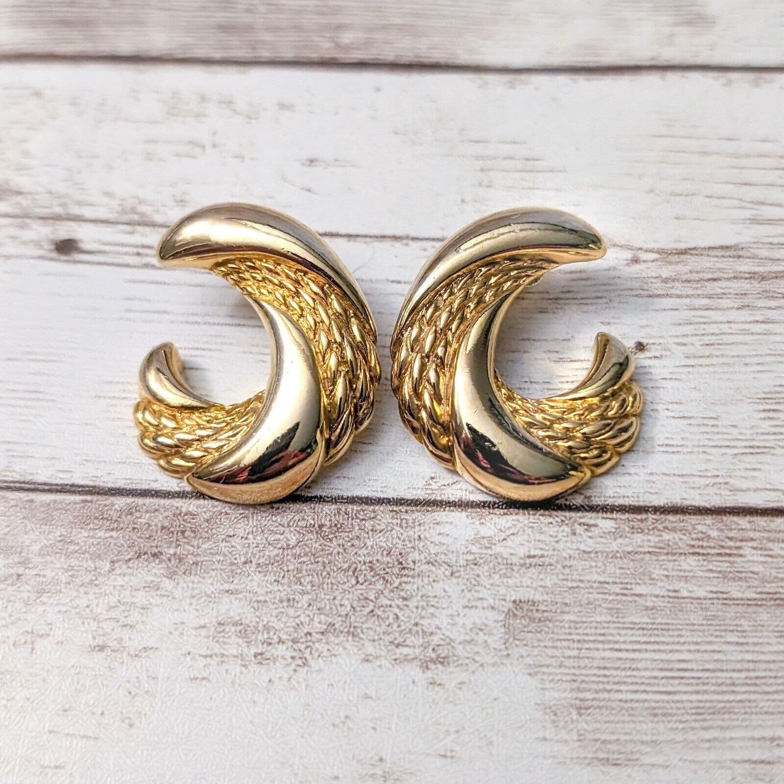 Vintage Clip On Earrings - Statement Gold Tone Curved Just Over 1.25"