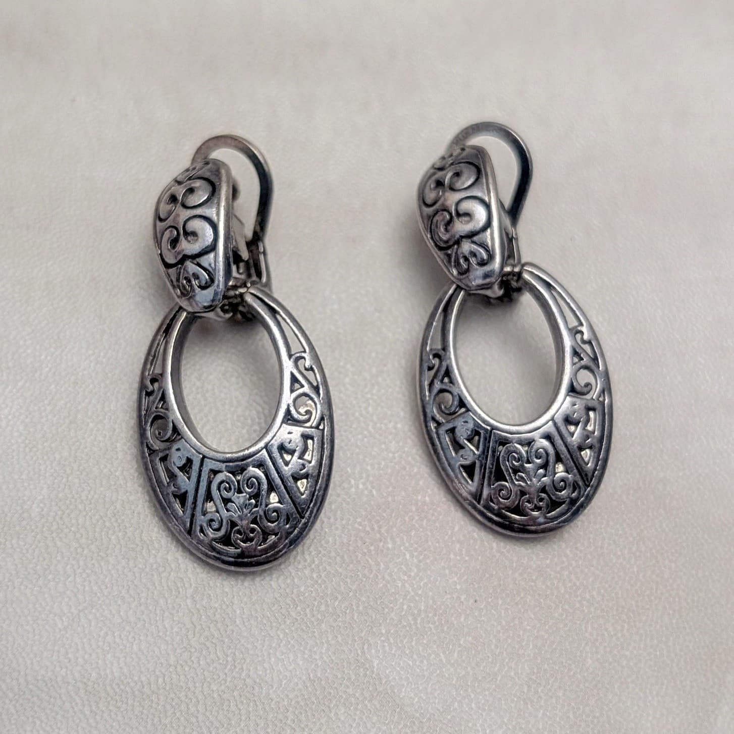 Vintage Clip On Earrings That Convert To Studs - Dark Grey Metal Dangle Drop