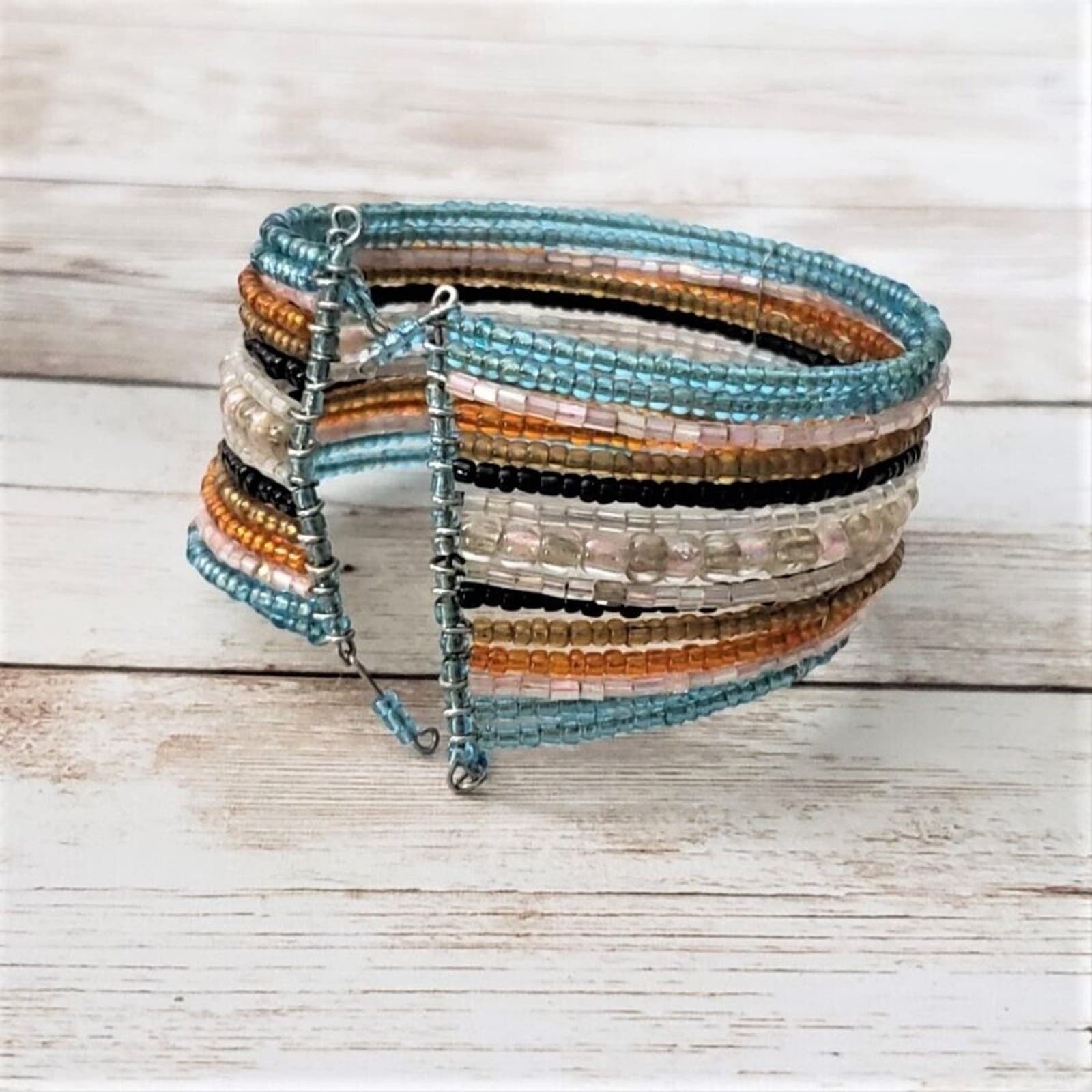 Vintage Bracelet / Bangle / Cuff Beaded Wrap Cuff Blue & Orange