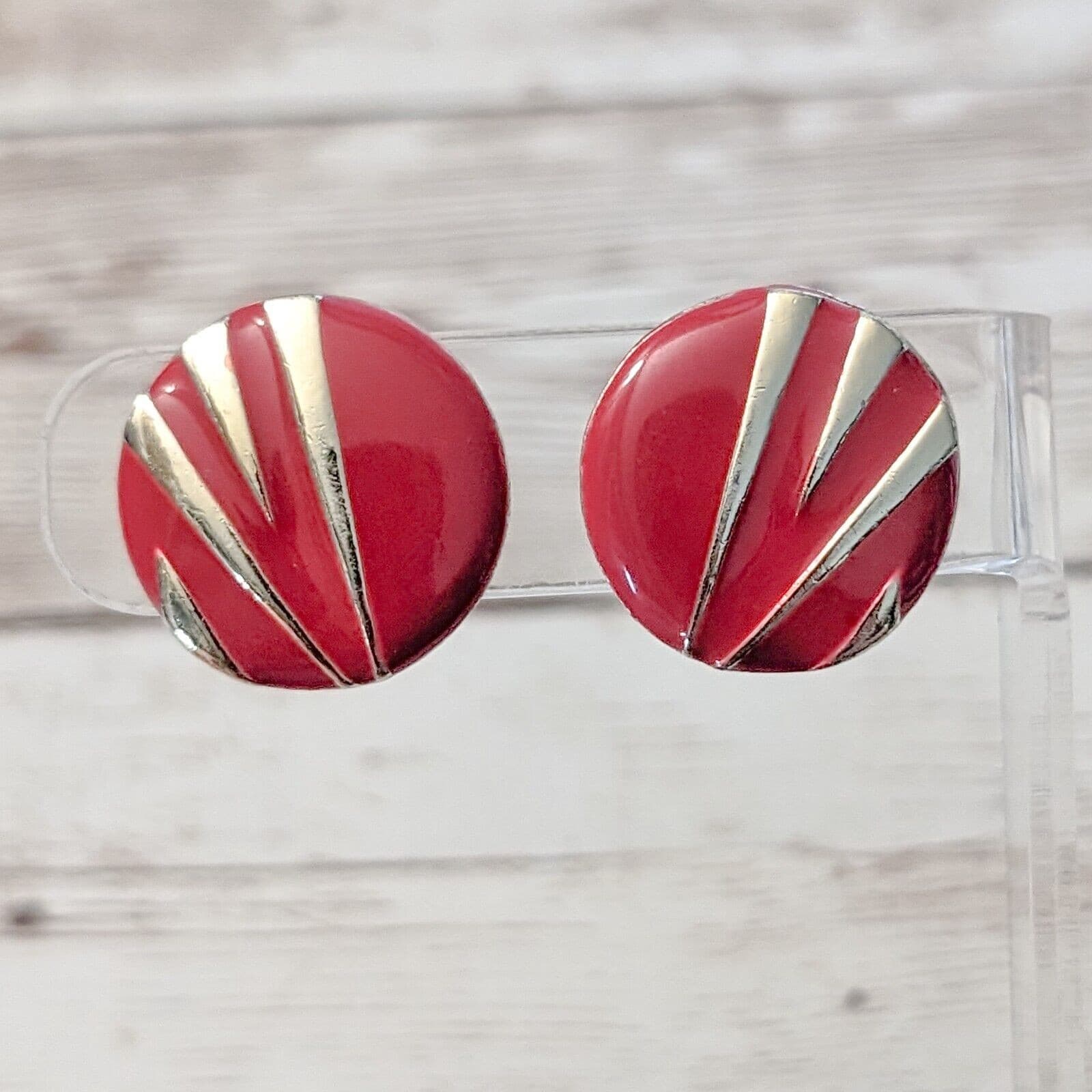 Vintage Clip On Earrings - Statement Red with Gold Tone Line Detail 7/8"