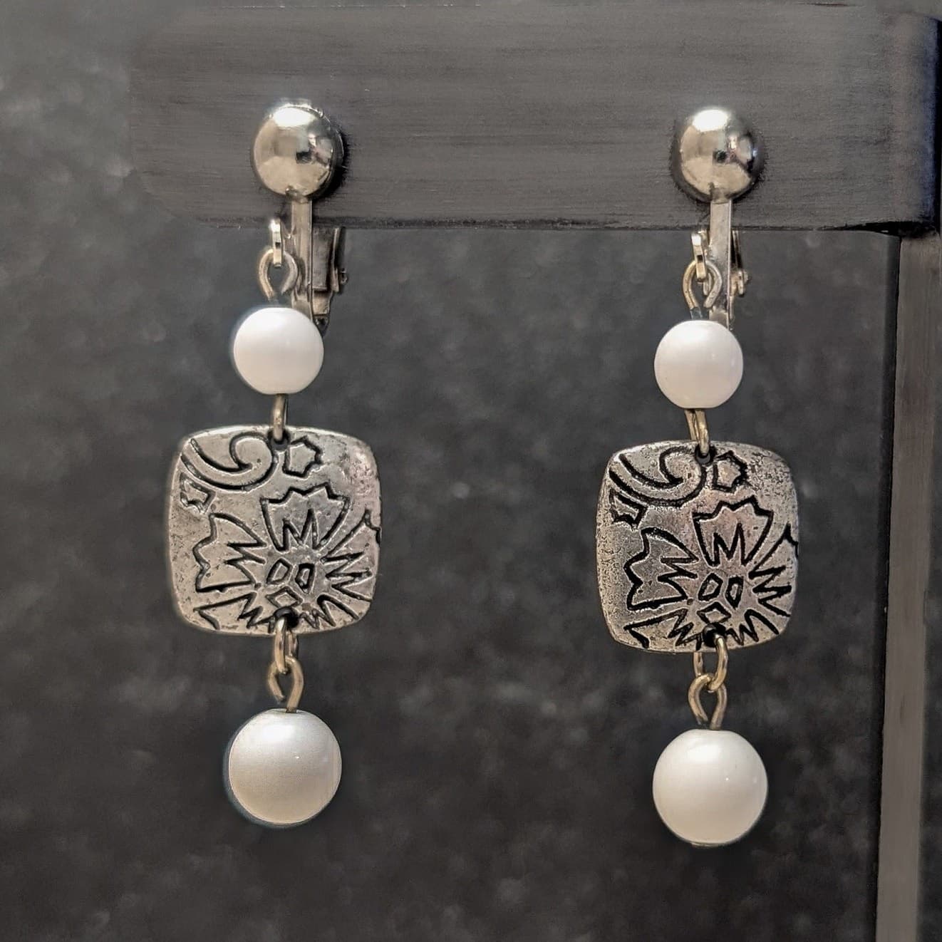 Vintage Clip On Earrings Statement White & Silver Tone Stylish Long Dangle Drop