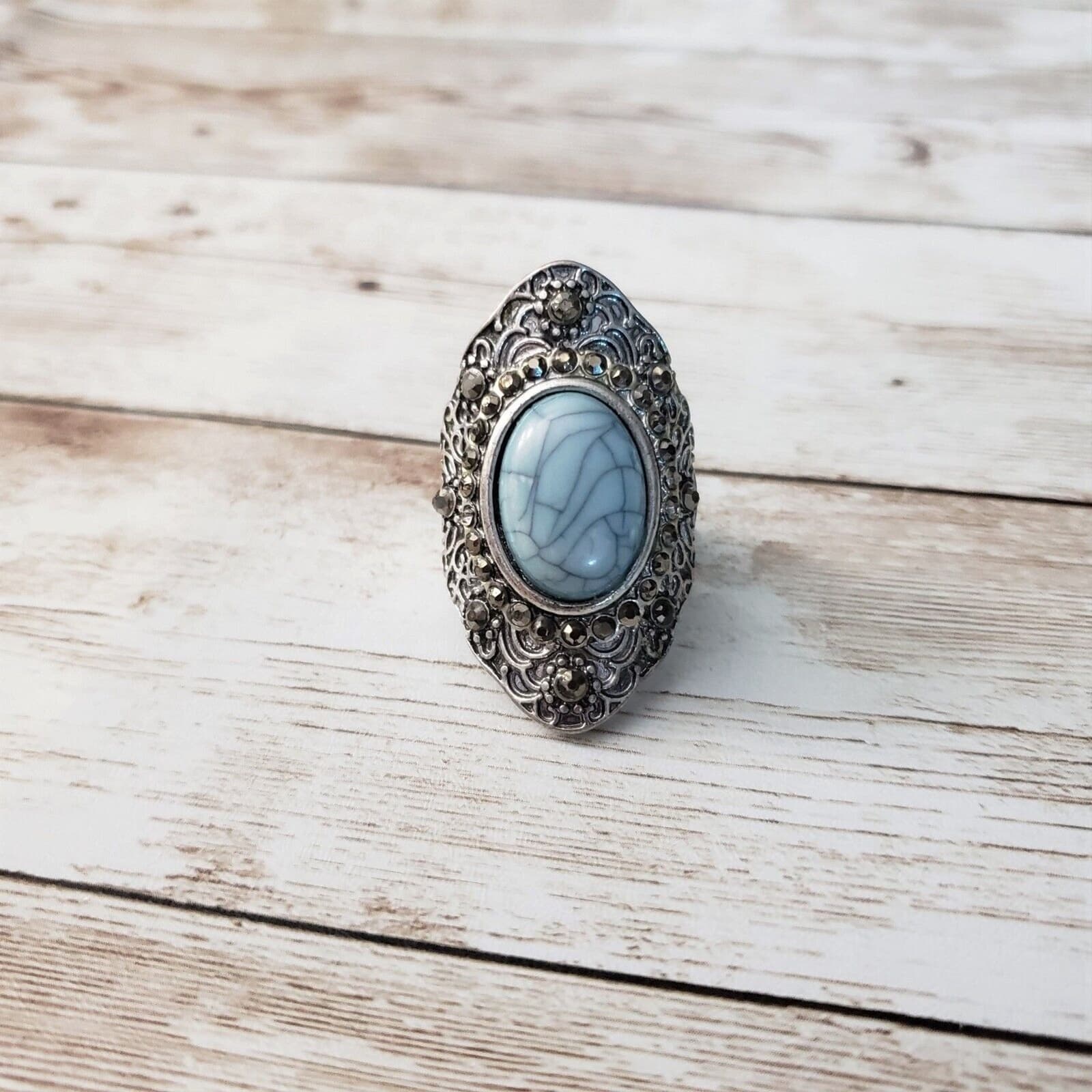 Vintage Ring Silver Tone & Light Blue Stone Large Adjustable/Stretch