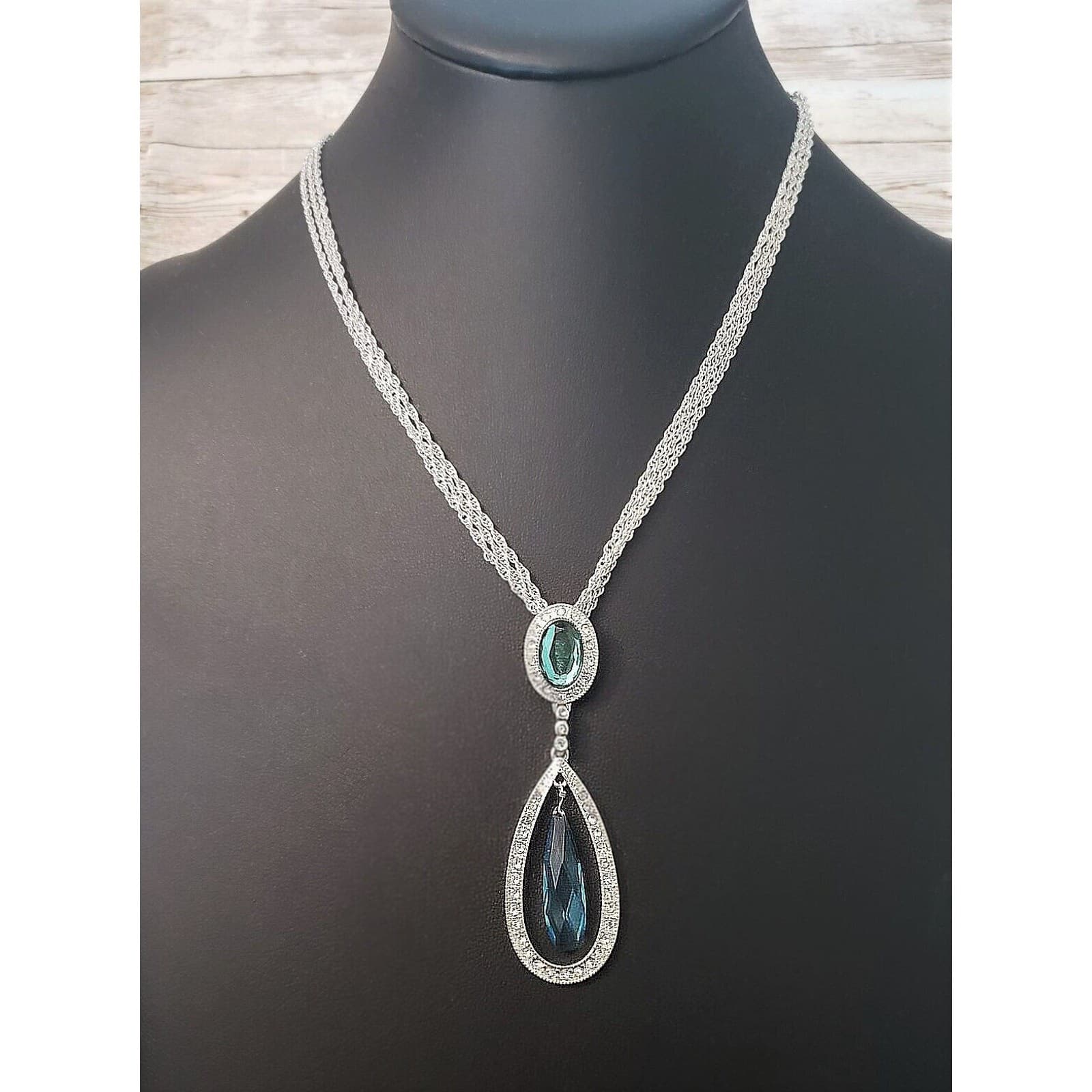 Vintage Necklace - Silver Tone Multi Chain with Green, Blue & Clear Gems