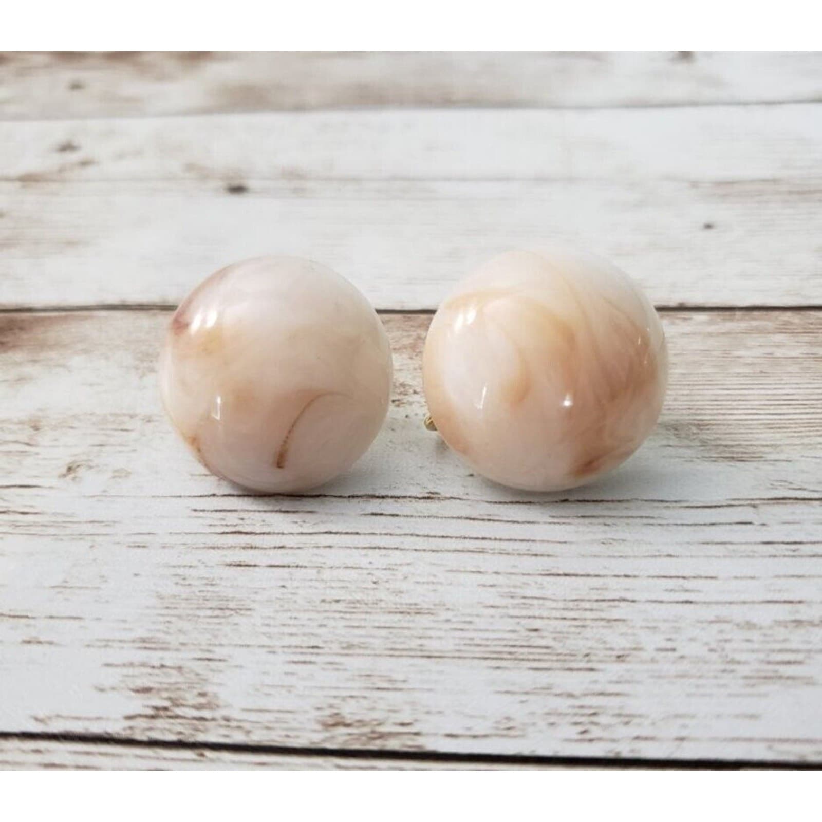 Vintage Clip On Earrings - Unusual Domed Circle Milky & Tan Tones