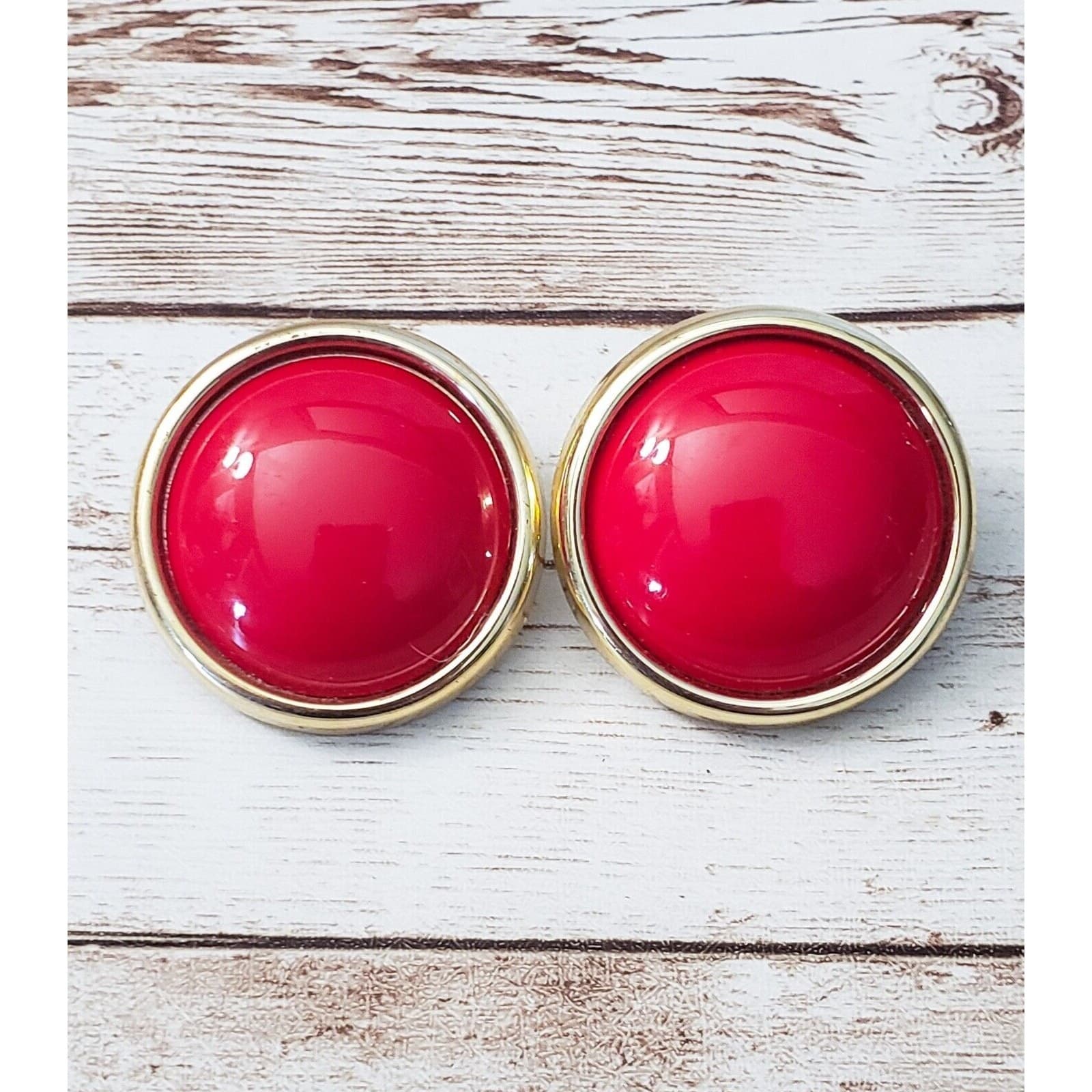 Vintage Clip On Earrings 1 & 3/8" Statement Domed Red with Gold Tone