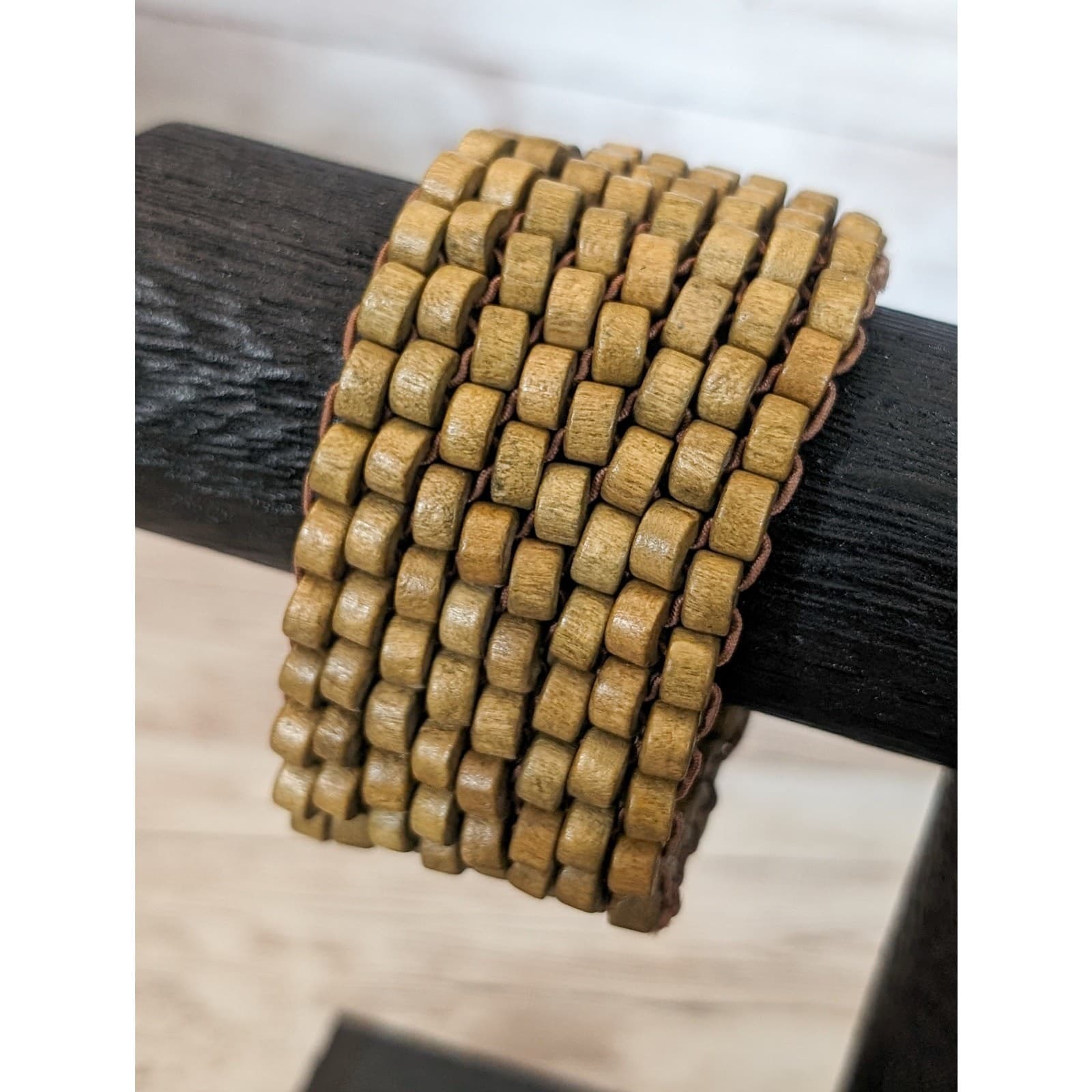Vintage Stretch Bracelet - Chunky Tan Wooden Beads