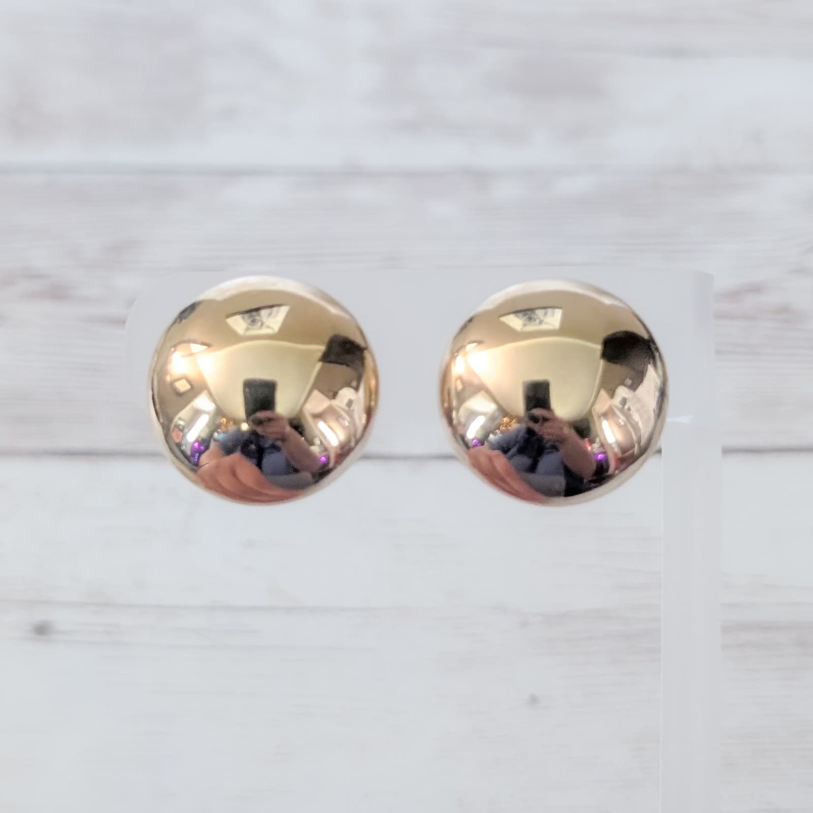 Vintage Screw On Earrings 7/8" Domed Mirrored Gold Tone Retro Statement