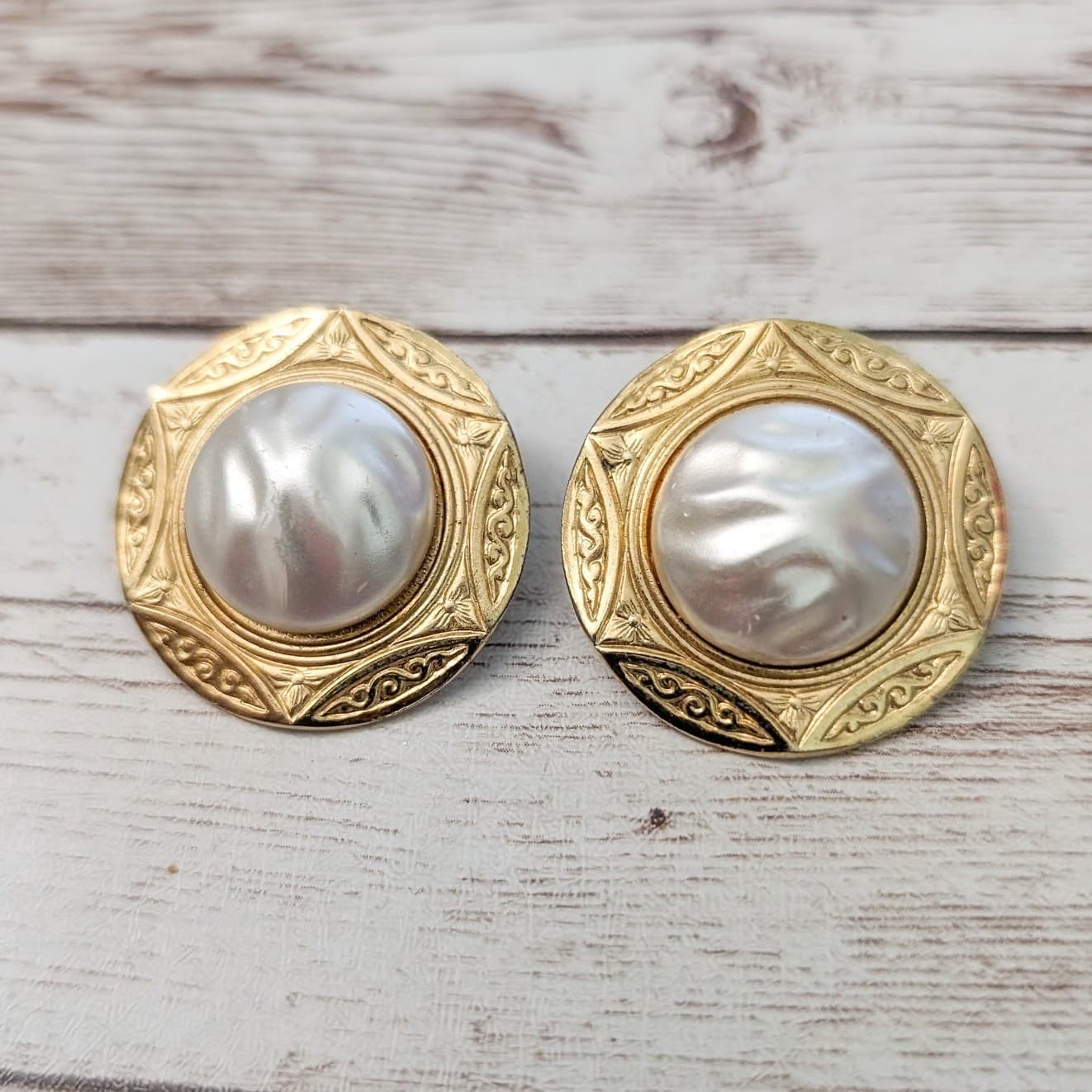Vintage Clip On Earrings - Statement Gold Tone and Cream