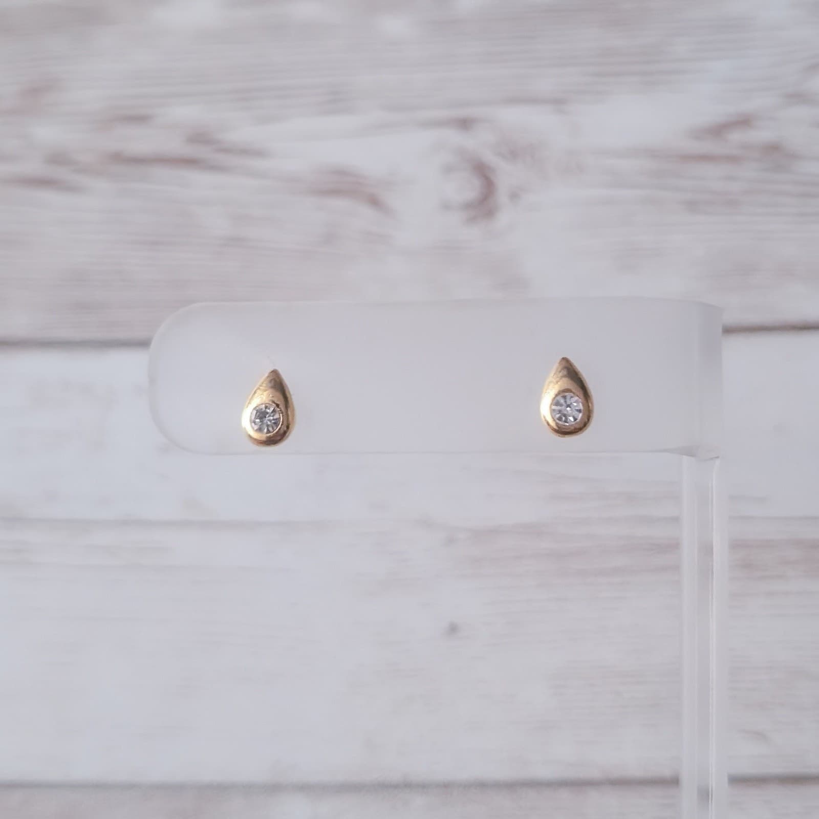 Vintage Stud Earrings Gold Tone & Clear Gem Teardrop Small & Dainty