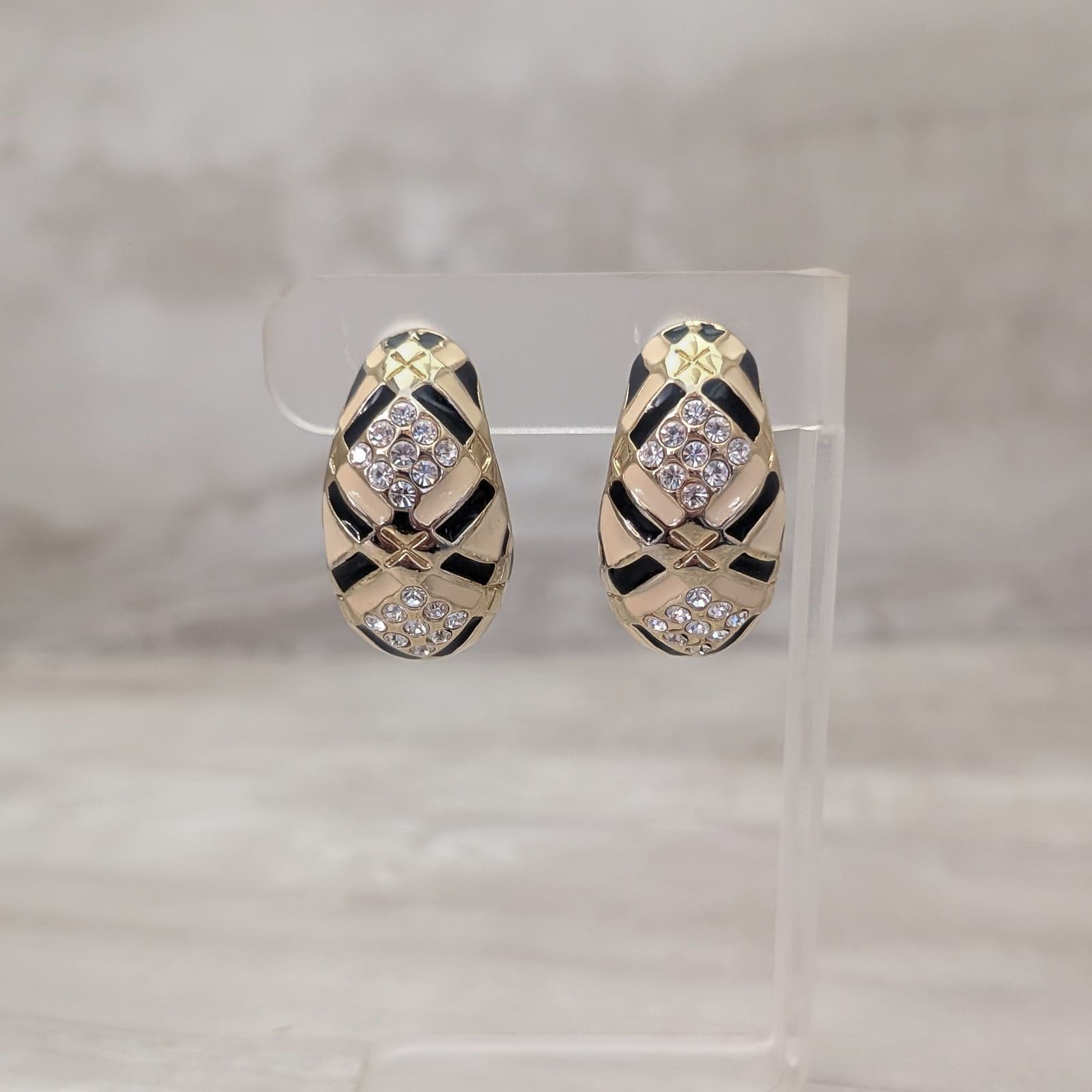 Vintage Clip On Earrings Chunky Gold Tone, Clear Gems, Black & Cream Enamel