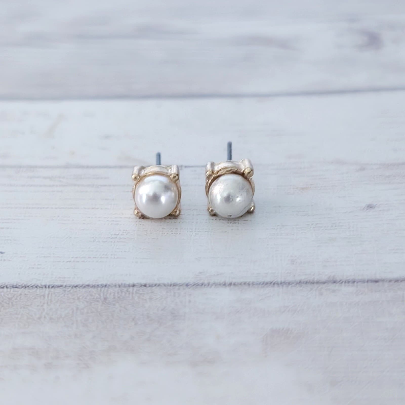 Vintage Stud Earrings - Faux Pearl with Square Gold Tone Halo 0.25"