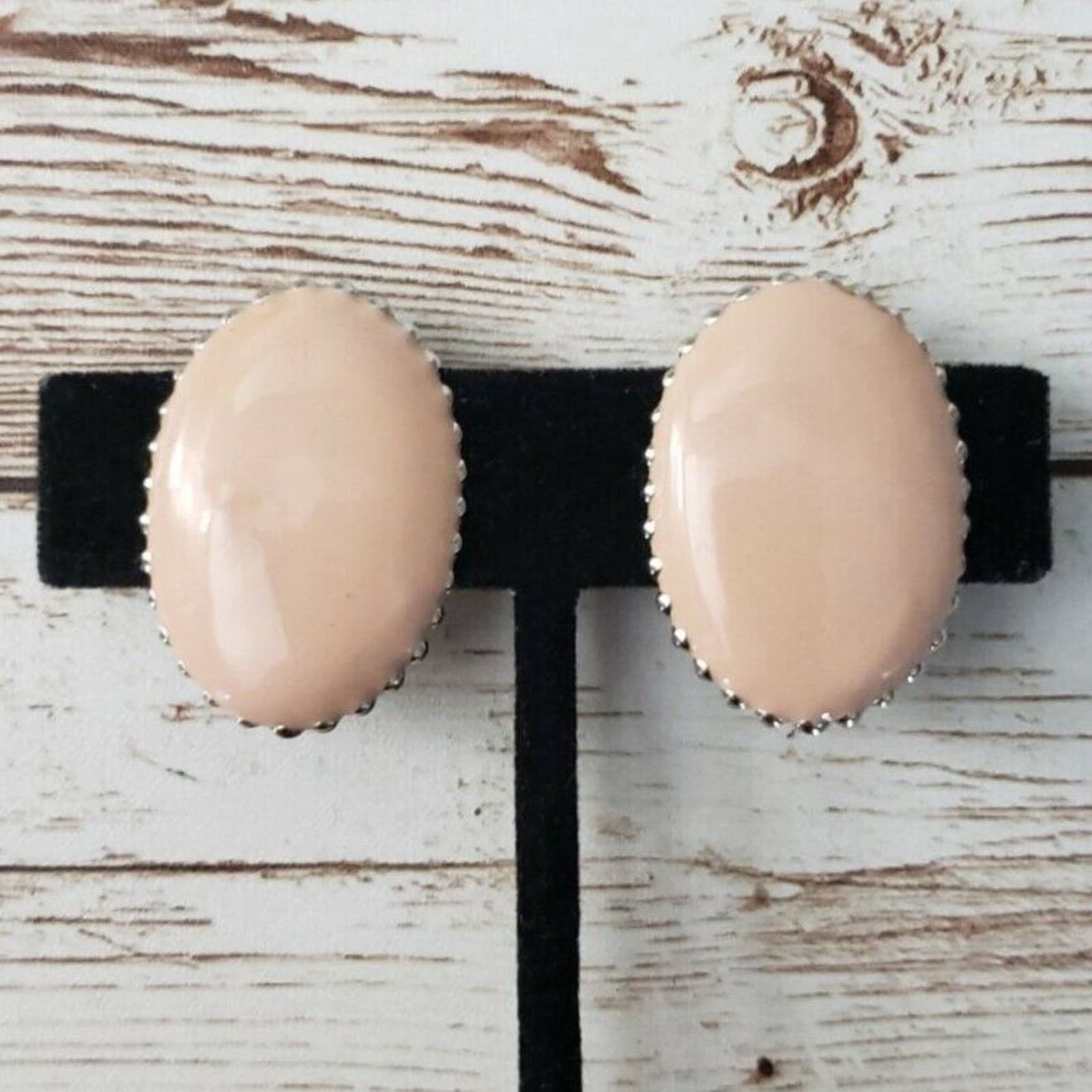 Vintage Clip On Earrings Dusky Light Pink Oval with Silver Tone Halo