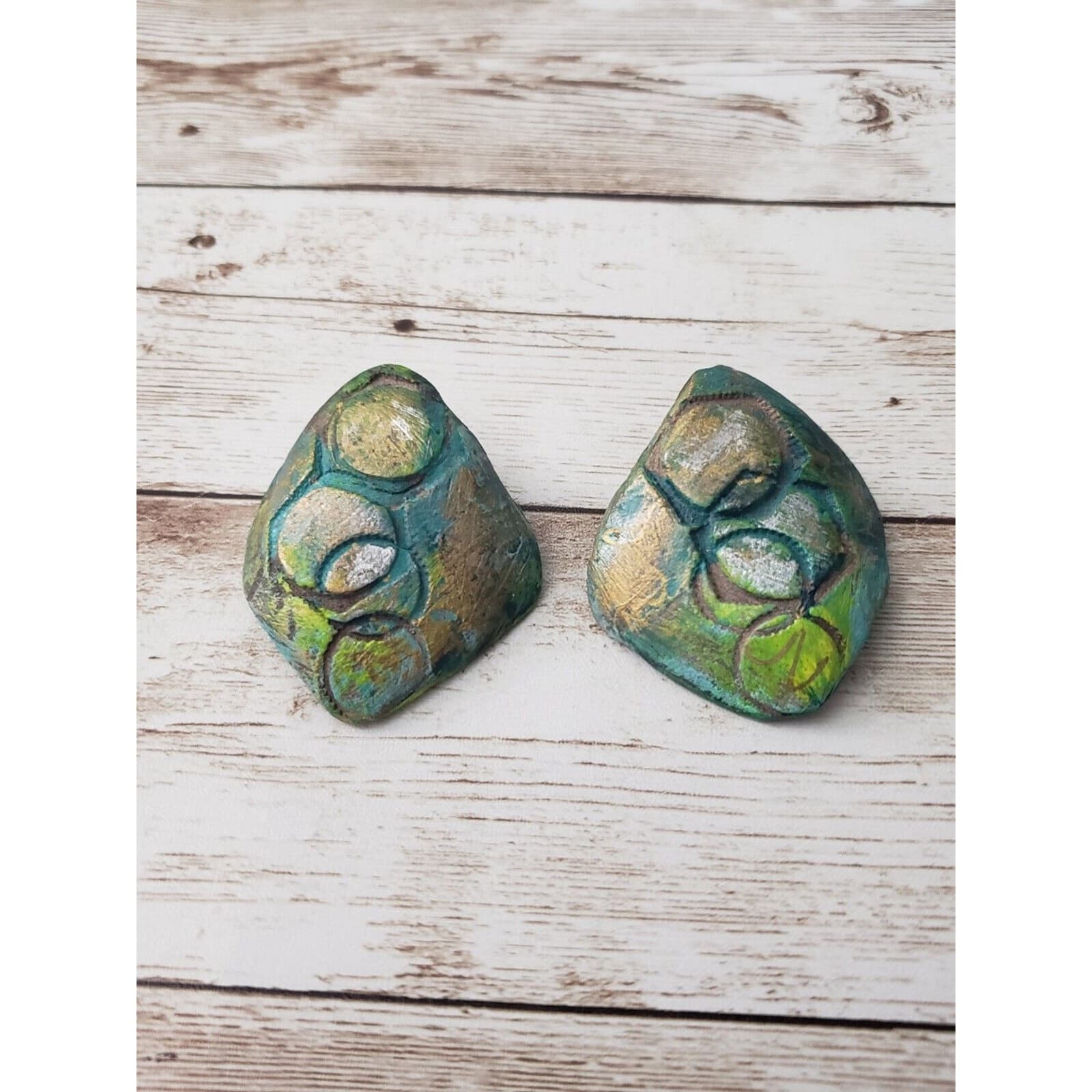 Vintage Clip On Earrings - Unusual Slightly Curved Blue Green Statement