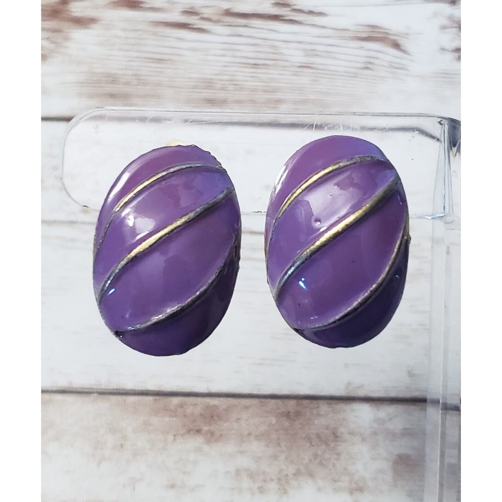Vintage Clip On Earrings - Chunky Purple with Line Design Statement